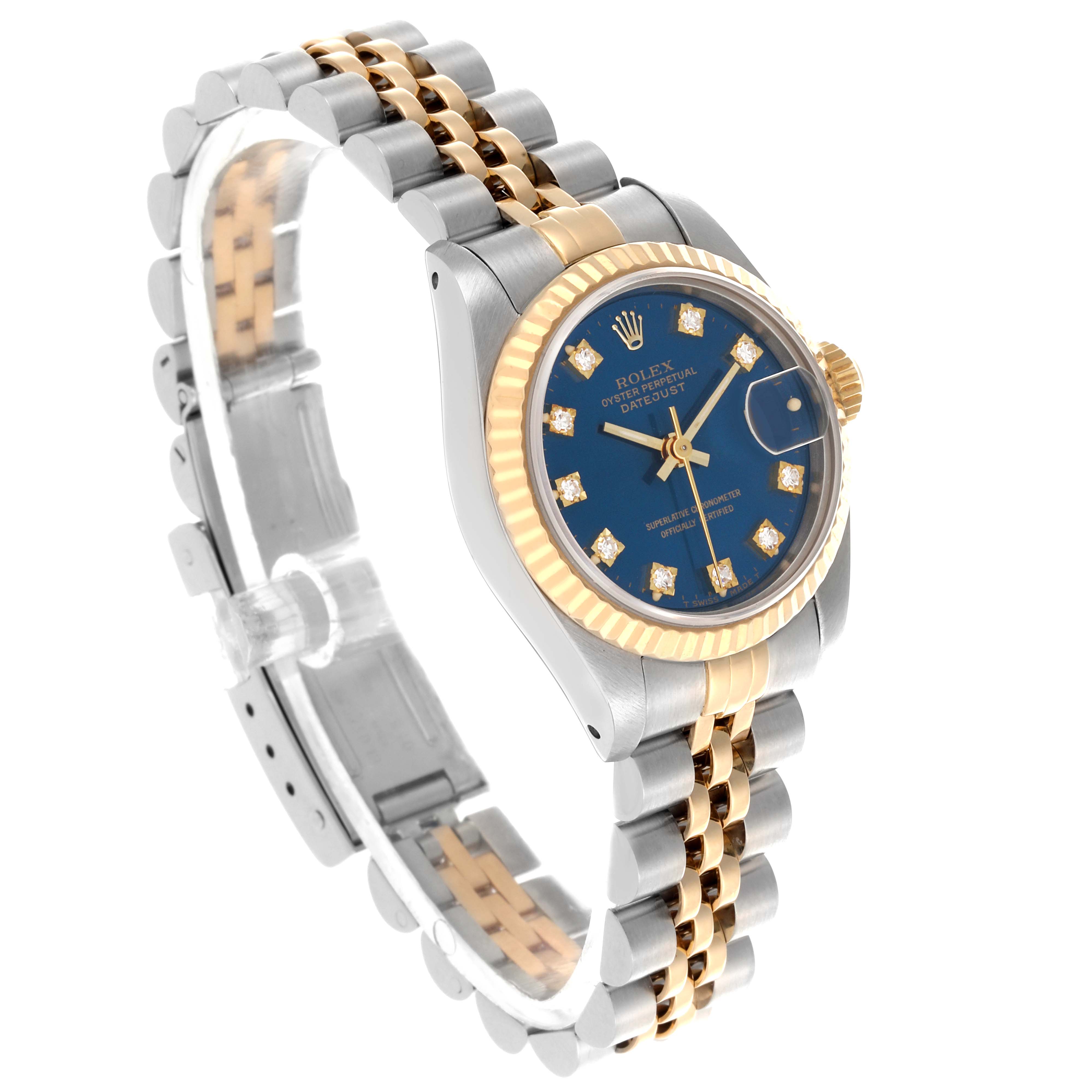 The Rolex Datejust 69173 Women's Steel and Gold (two tone) Blue Dial 69173 Women's Steel and Gold (two tone) Blue Dial watch is shown at a slight angle highlighting the face, bezel, and bracelet.