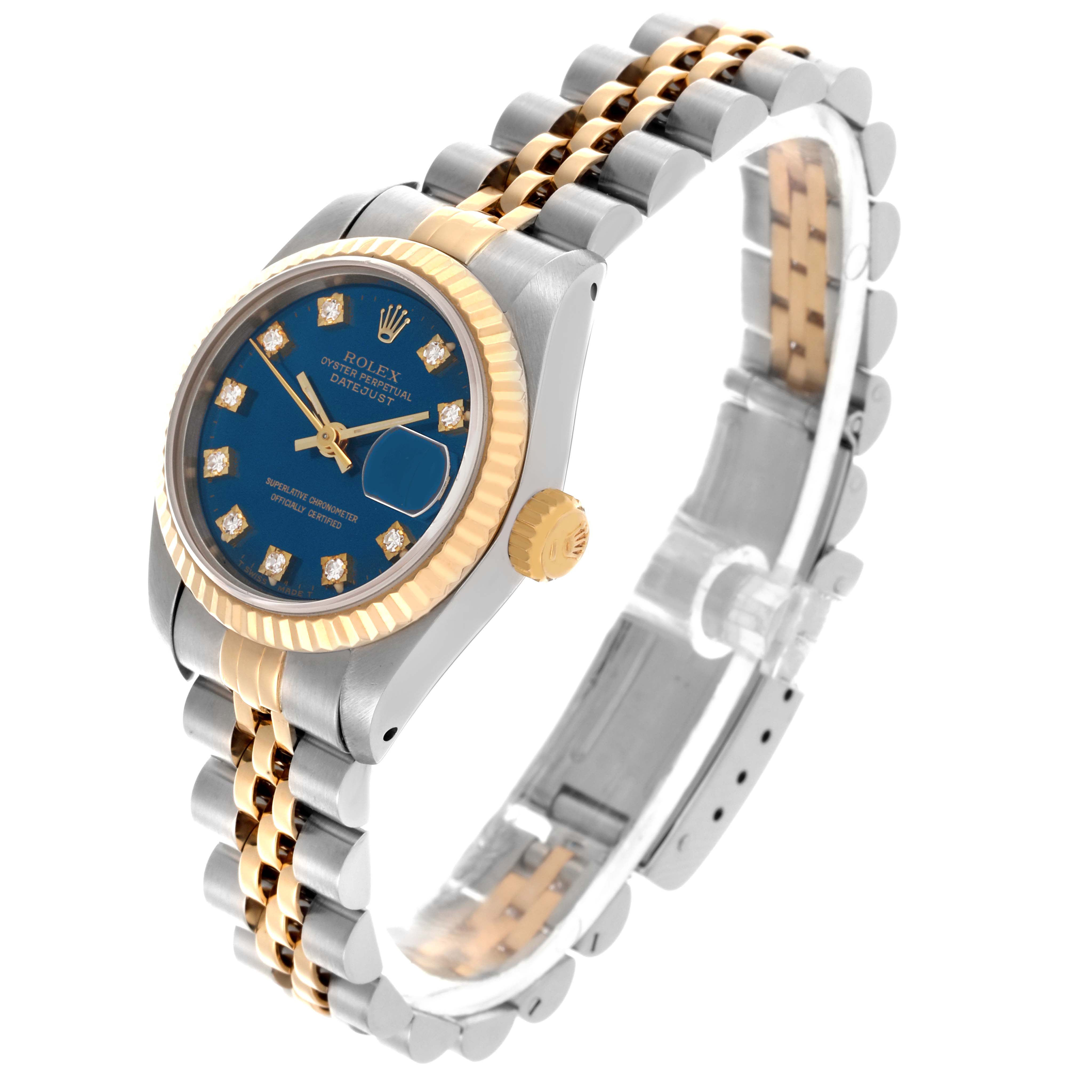 The Rolex Datejust 69173 Women's Steel and Gold (two tone) Blue Dial 69173 Women's Steel and Gold (two tone) Blue Dial is shown at an angle highlighting the bracelet, case, bezel, and dial with a partial side view.