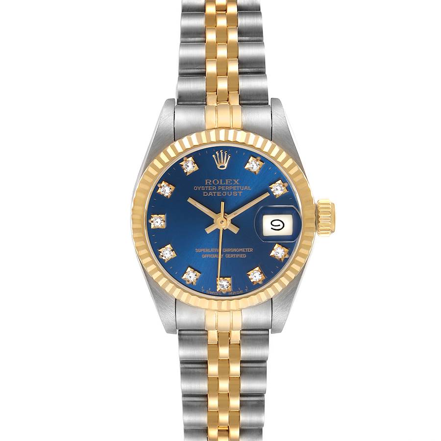 The image shows a frontal view of a Rolex Datejust watch, featuring a blue dial, date window, and two-tone bracelet.