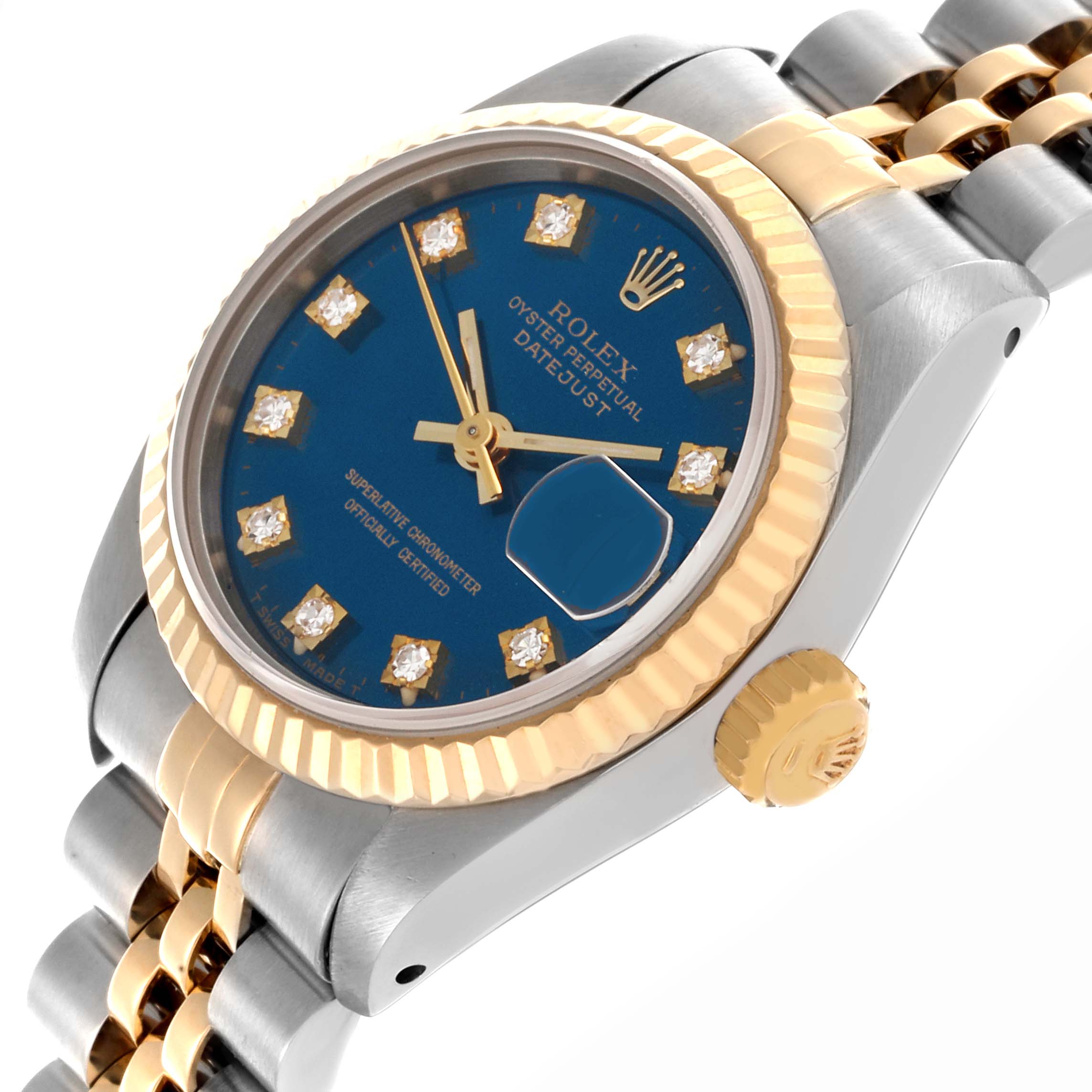 The Rolex Datejust 69173 Women's Steel and Gold (two tone) Blue Dial 69173 Women's Steel and Gold (two tone) Blue Dial watch is shown at a slight angle, highlighting the dial, bezel, and part of the bracelet.