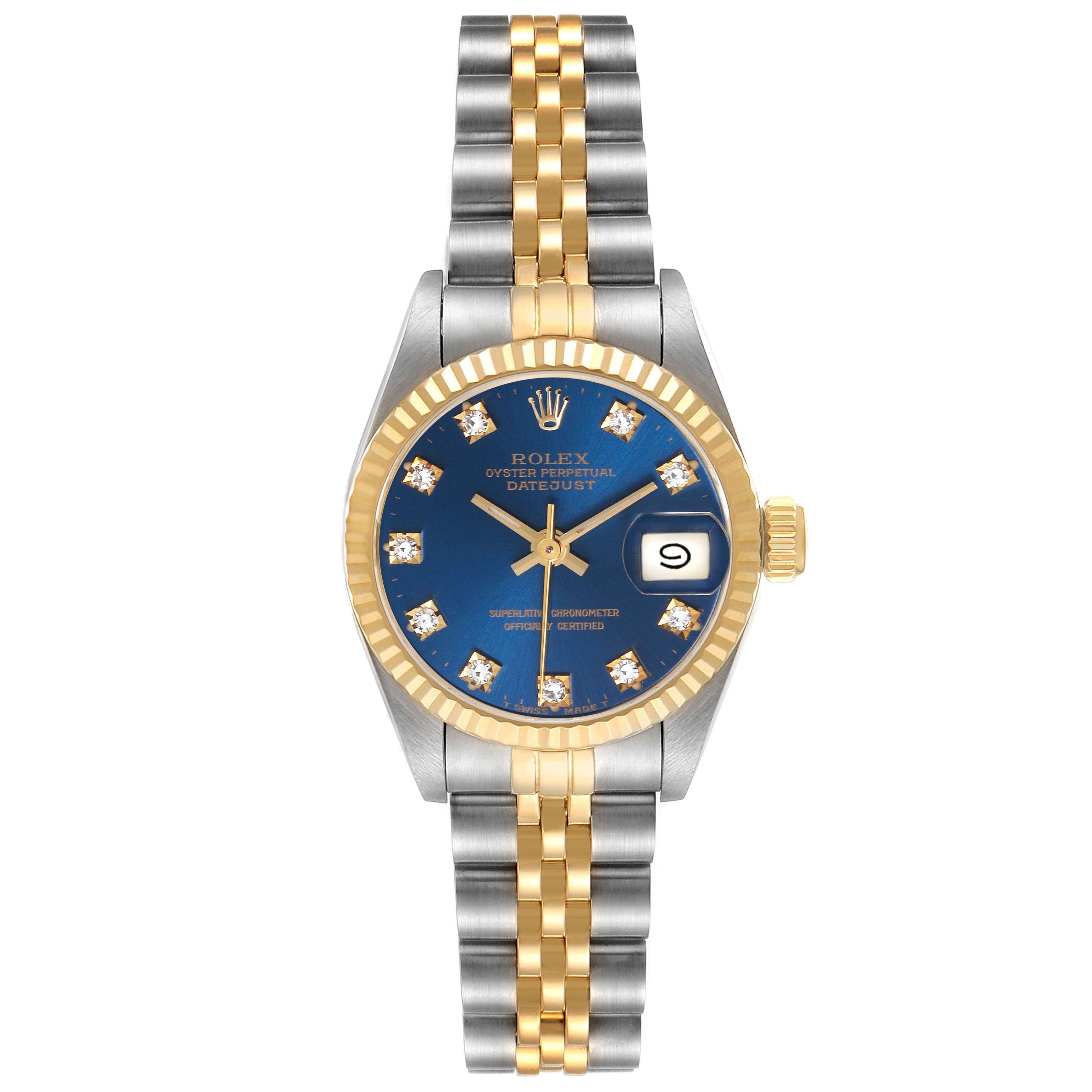 This Rolex Datejust 69173 Women's Steel and Gold (two tone) Blue Dial 69173 Women's Steel and Gold (two tone) Blue Dial watch is shown from the front, highlighting its jubilee bracelet and blue diamond dial with a date display.
