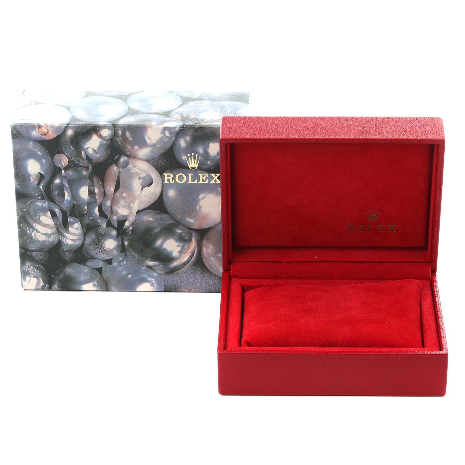 The image shows a Rolex Datejust 69173 Women's Steel and Gold (two tone) Blue Dial 69173 Women's Steel and Gold (two tone) Blue Dial box and outer packaging, with both lids open, revealing the interior.