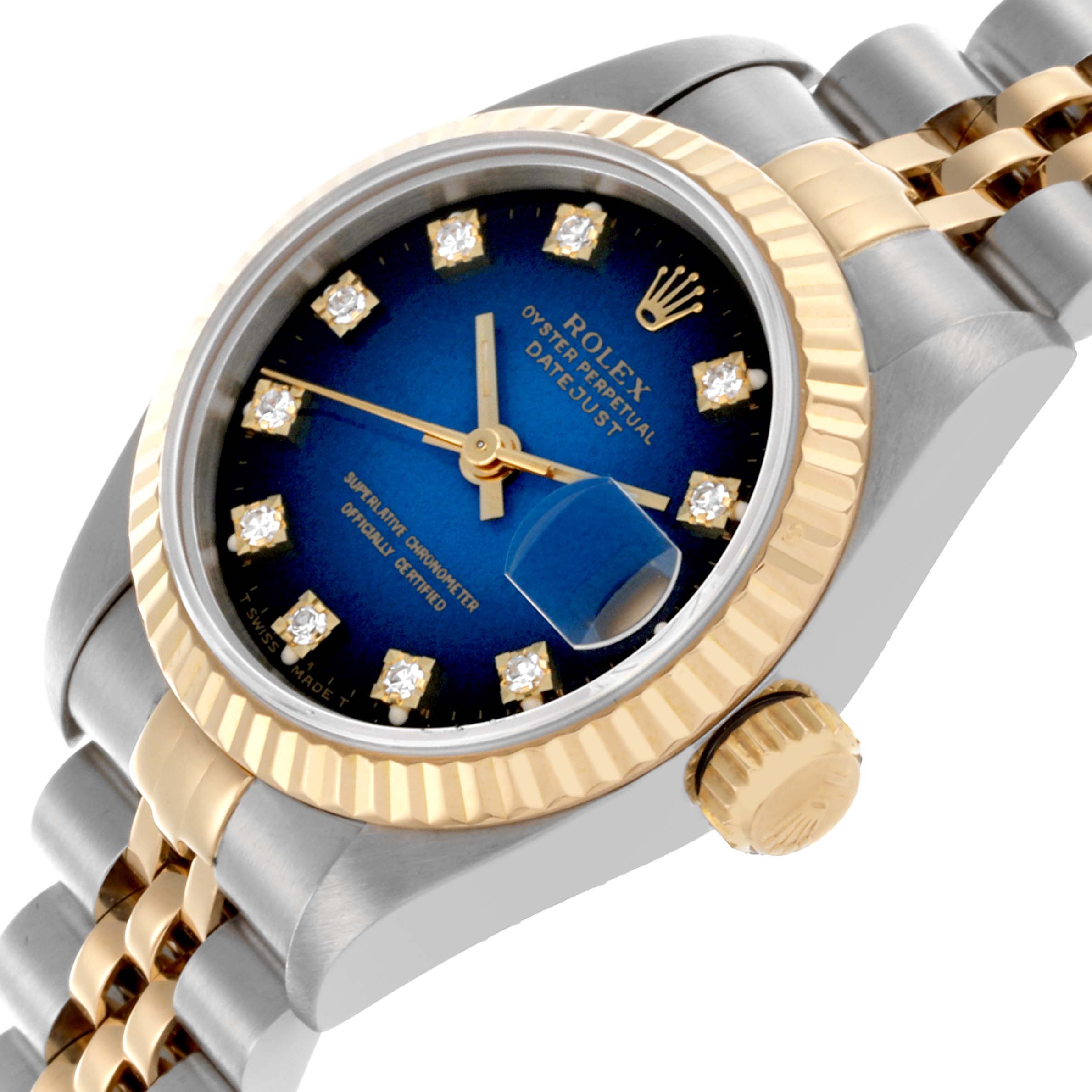 The Rolex Datejust 69173 Women's Steel and Gold (two tone) Blue Dial 69173 Women's Steel and Gold (two tone) Blue Dial watch is shown at an angle highlighting the blue dial, diamond markers, bezel, and part of the bracelet.