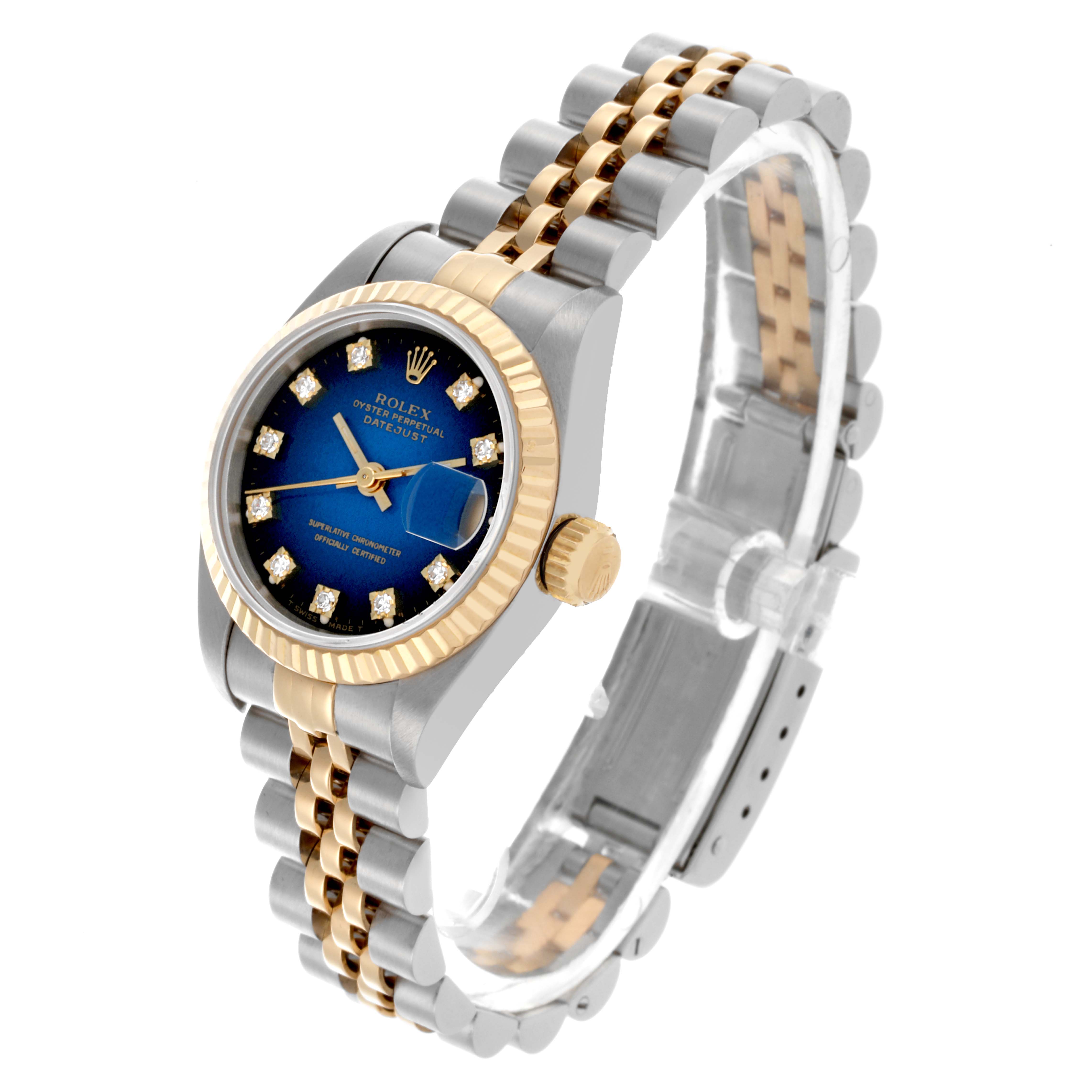 The Rolex Datejust 69173 Women's Steel and Gold (two tone) Blue Dial 69173 Women's Steel and Gold (two tone) Blue Dial is shown from a three-quarter angle, displaying the bracelet, crown, and blue dial with gold details.