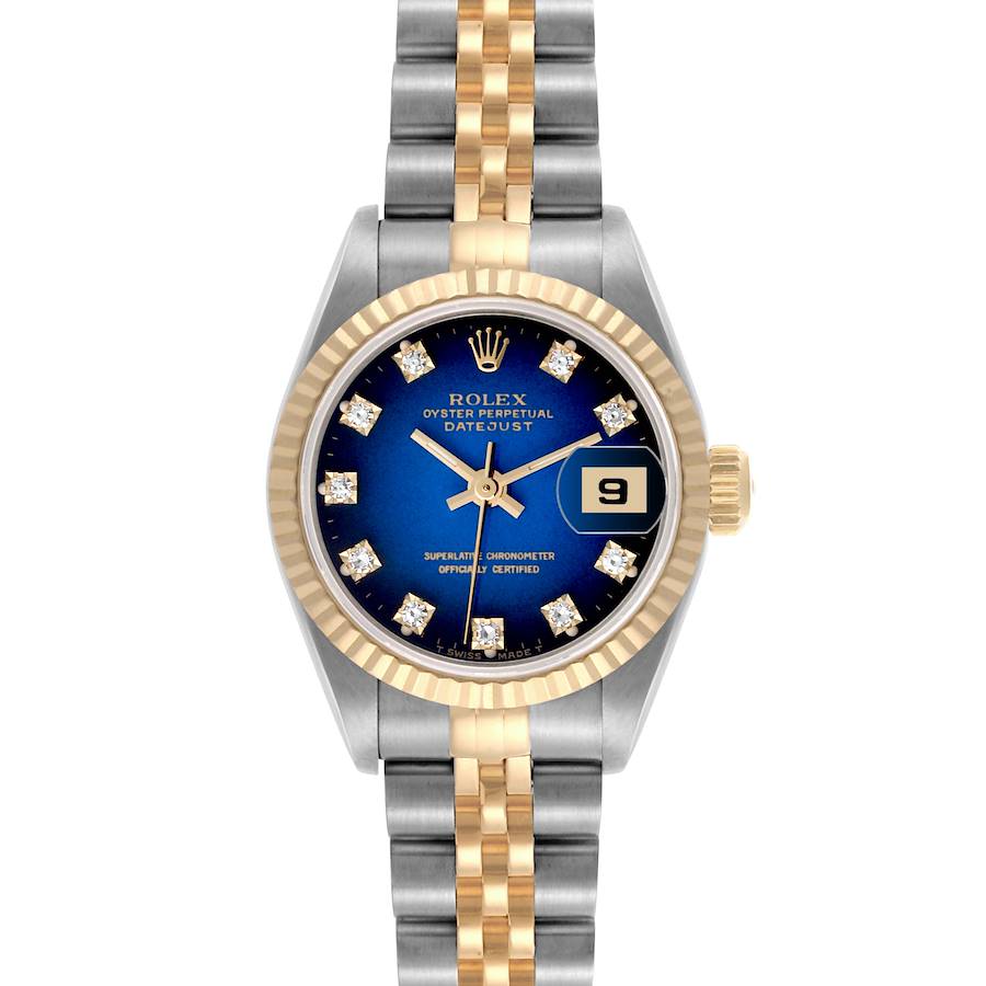 The image shows a frontal view of a Rolex Datejust watch, highlighting the dial, bezel, and bracelet.