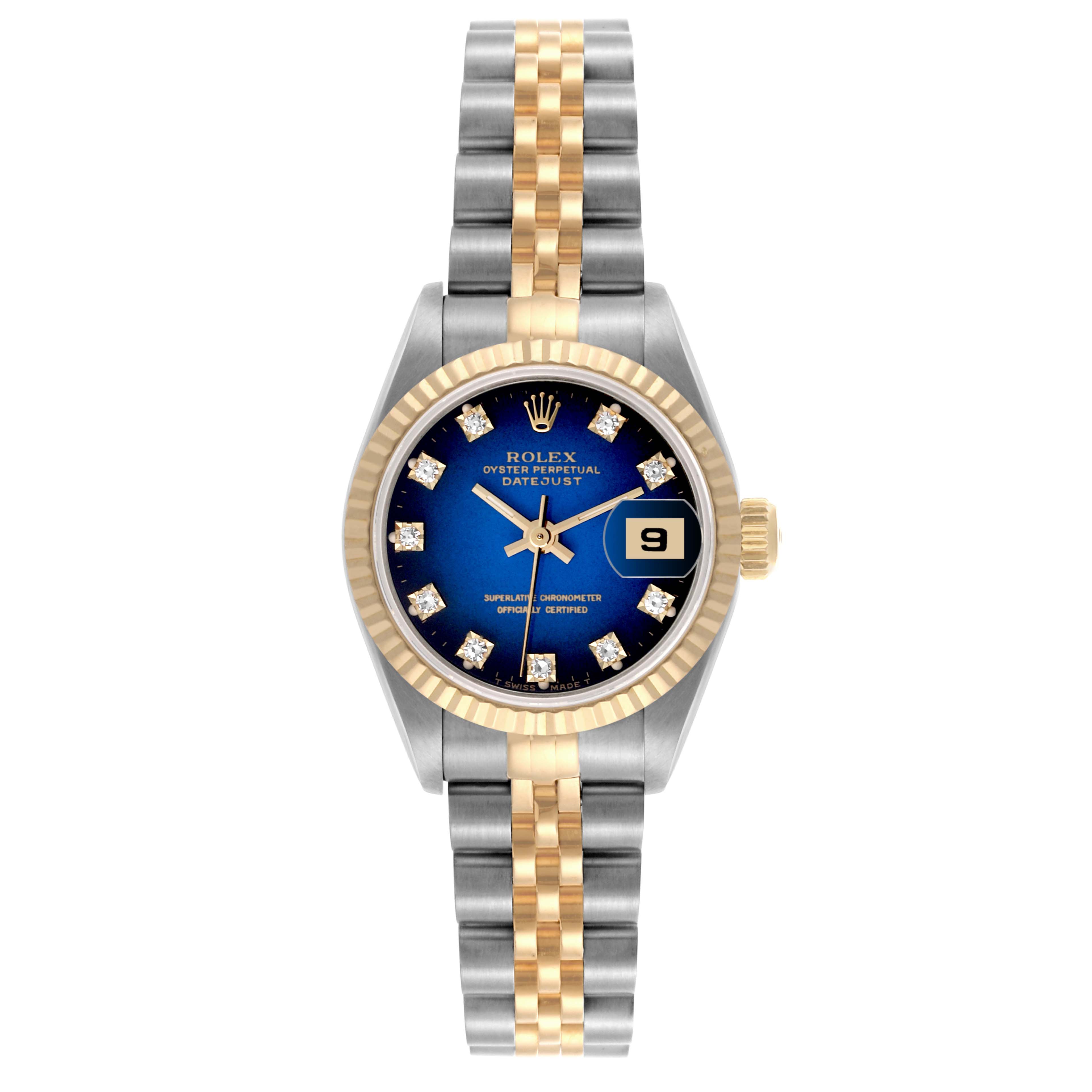 The Rolex Datejust 69173 Women's Steel and Gold (two tone) Blue Dial 69173 Women's Steel and Gold (two tone) Blue Dial watch is shown from a top-down angle, displaying the face, bezel, and bracelet.