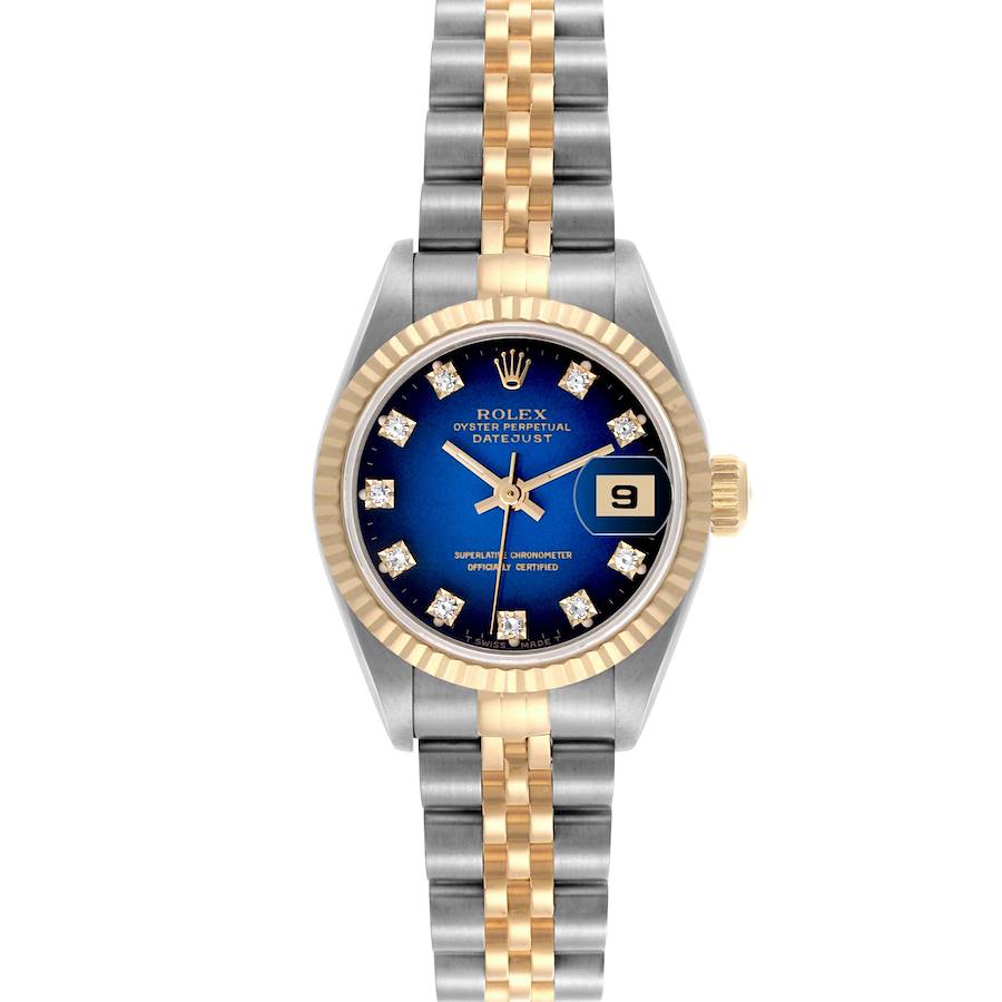 This Rolex Datejust watch is shown from a front angle, highlighting the blue dial, diamond markers, gold bezel, and two-tone bracelet.