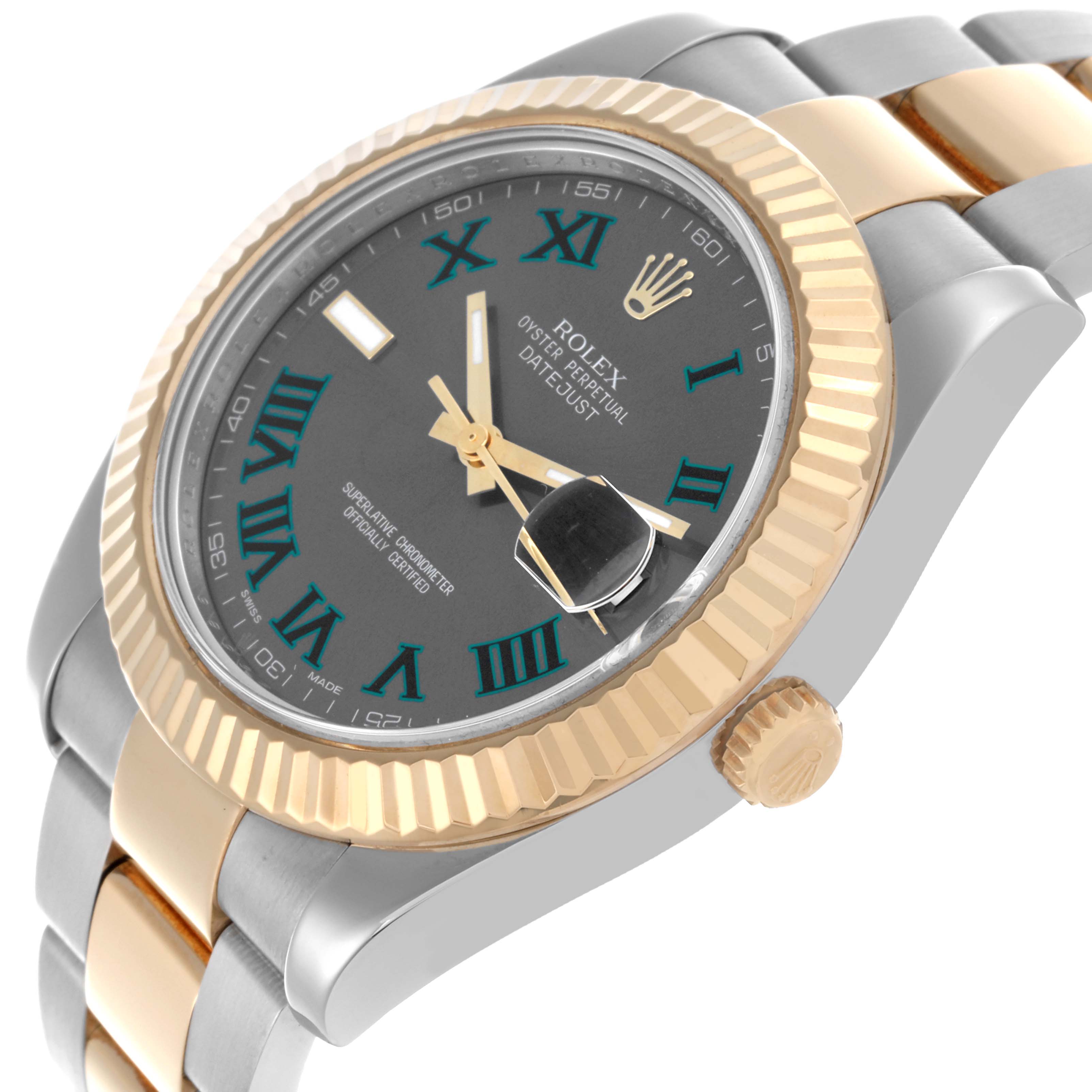 The Rolex Datejust 41 116333 Men's Steel and Gold (two tone) Grey Dial 116333 Men's Steel and Gold (two tone) Grey Dial is shown from a side angle, highlighting the bezel, dial, crown, and part of the bracelet.