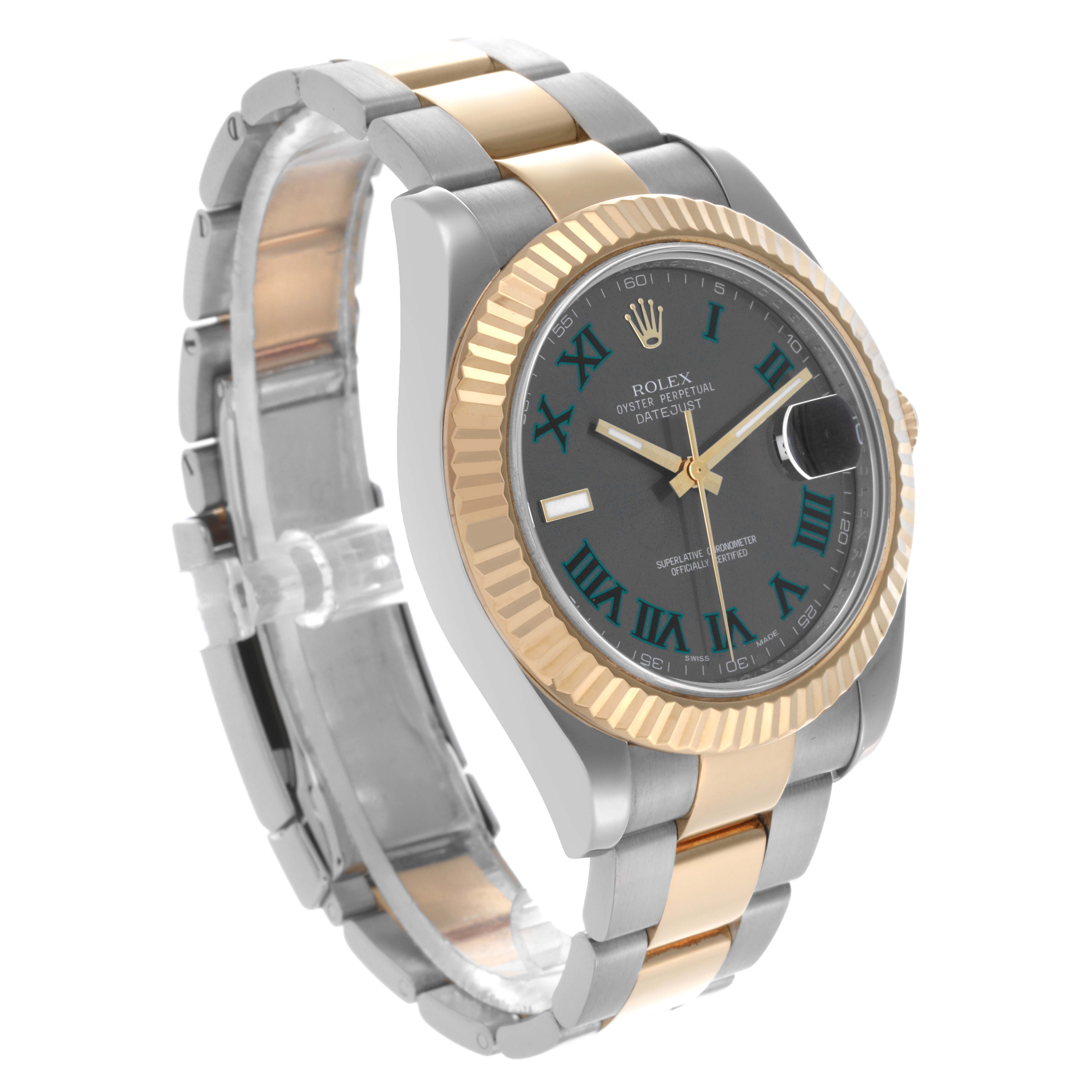 The Rolex Datejust 41 116333 Men's Steel and Gold (two tone) Grey Dial 116333 Men's Steel and Gold (two tone) Grey Dial model is shown at a 3/4 angle, highlighting the face, fluted bezel, and Oyster bracelet.