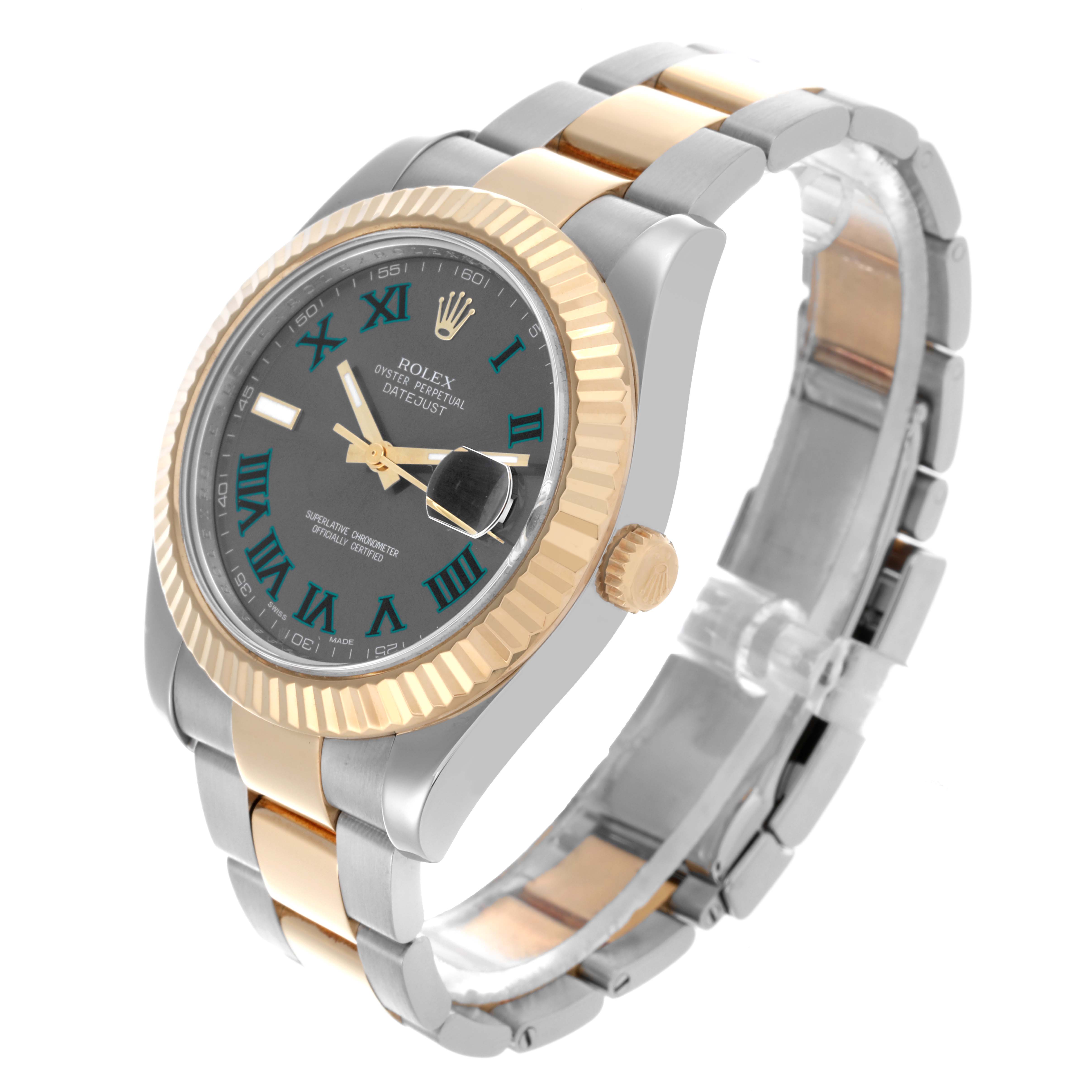 The Rolex Datejust 41 116333 Men's Steel and Gold (two tone) Grey Dial 116333 Men's Steel and Gold (two tone) Grey Dial is shown at a three-quarter angle, displaying the two-tone bracelet, gold bezel, and dark dial.