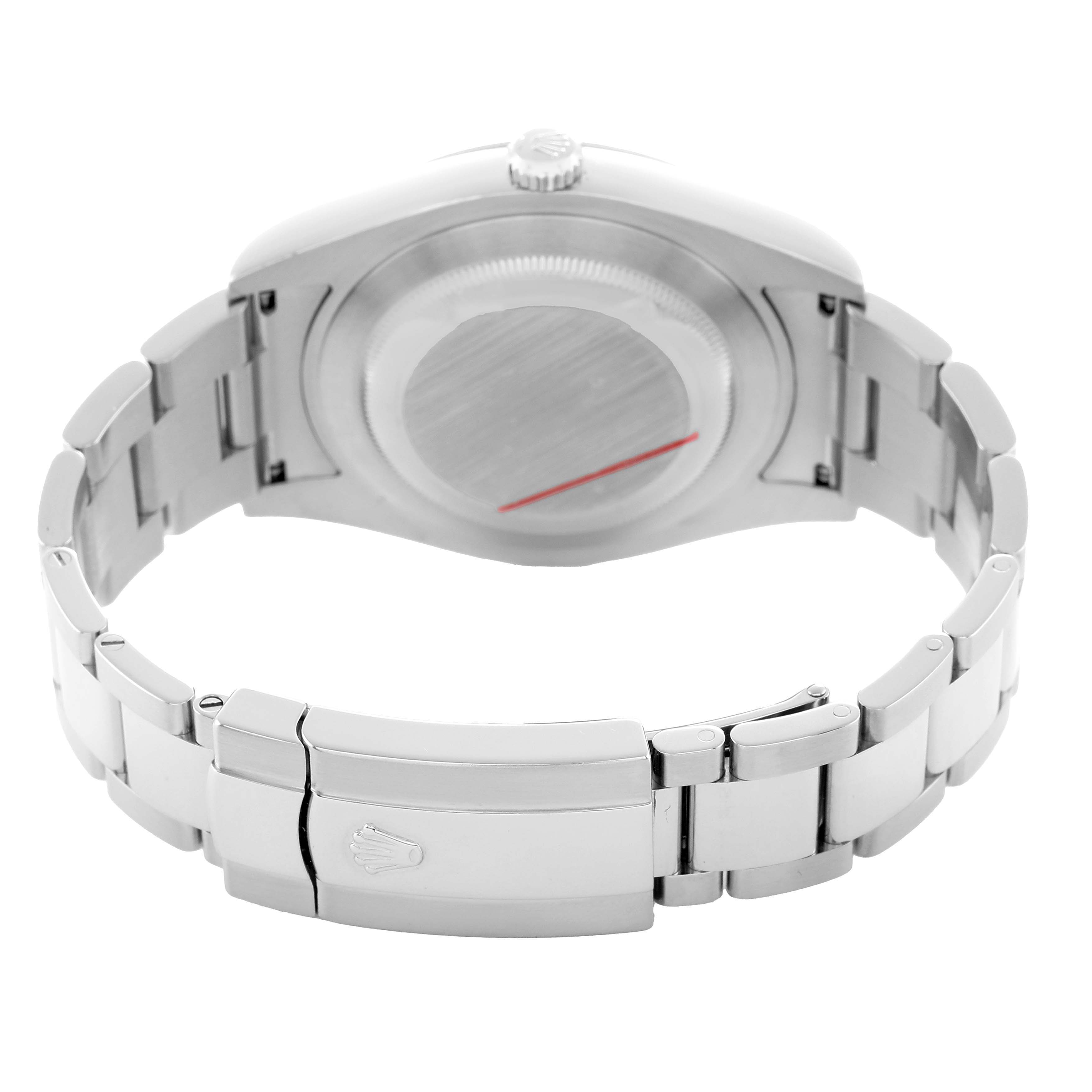 The image shows the Rolex Datejust 41 116300 Men's Stainless Steel Silver Dial from the back, highlighting the case back and clasp.