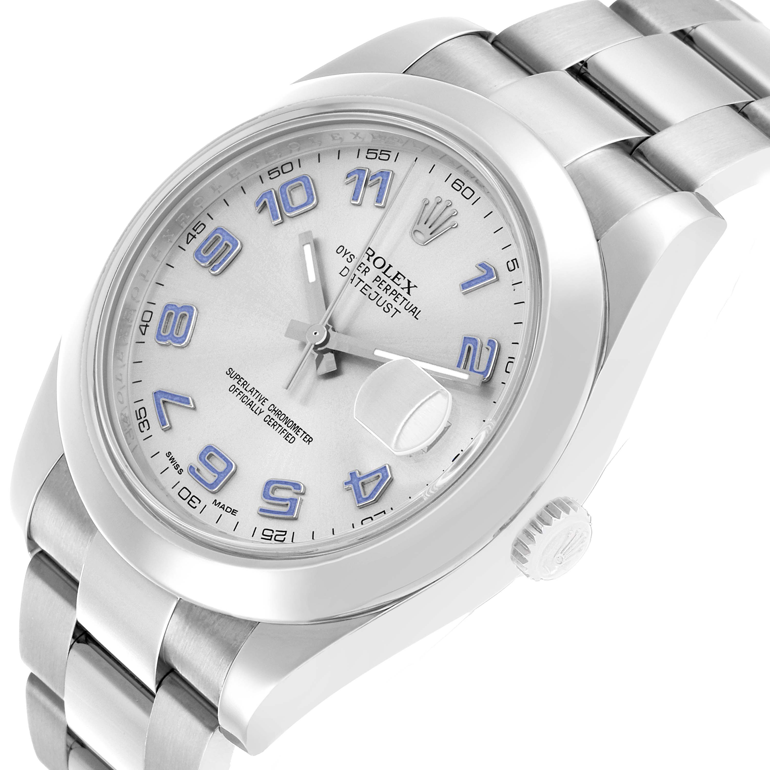 The Rolex Datejust 41 116300 Men's Stainless Steel Silver Dial is shown at an angled view, displaying its dial, case, bezel, crown, and bracelet.