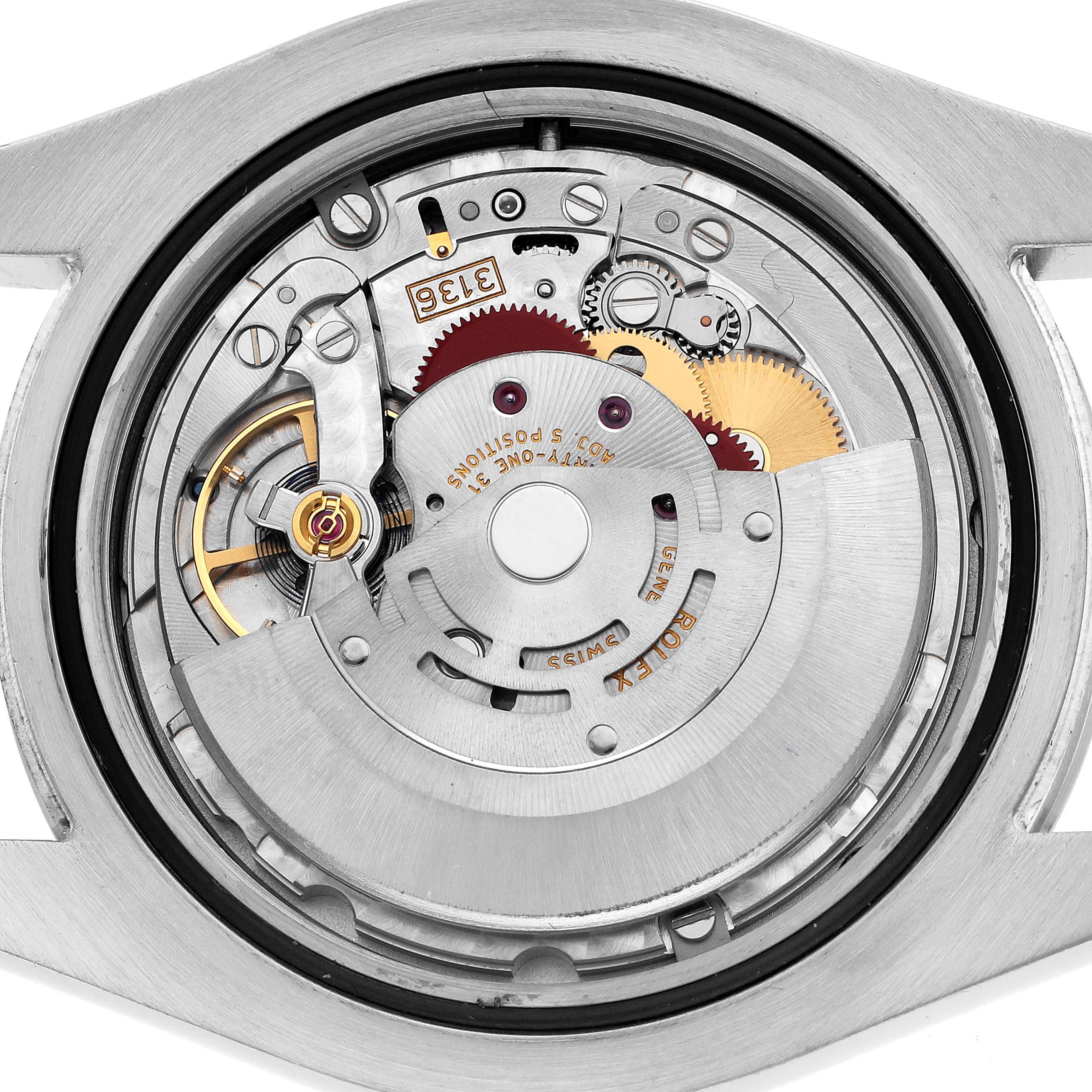 This image shows the open case back of a Rolex Datejust 41 116300 Men's Stainless Steel Silver Dial, highlighting its intricate movement and mechanical components.