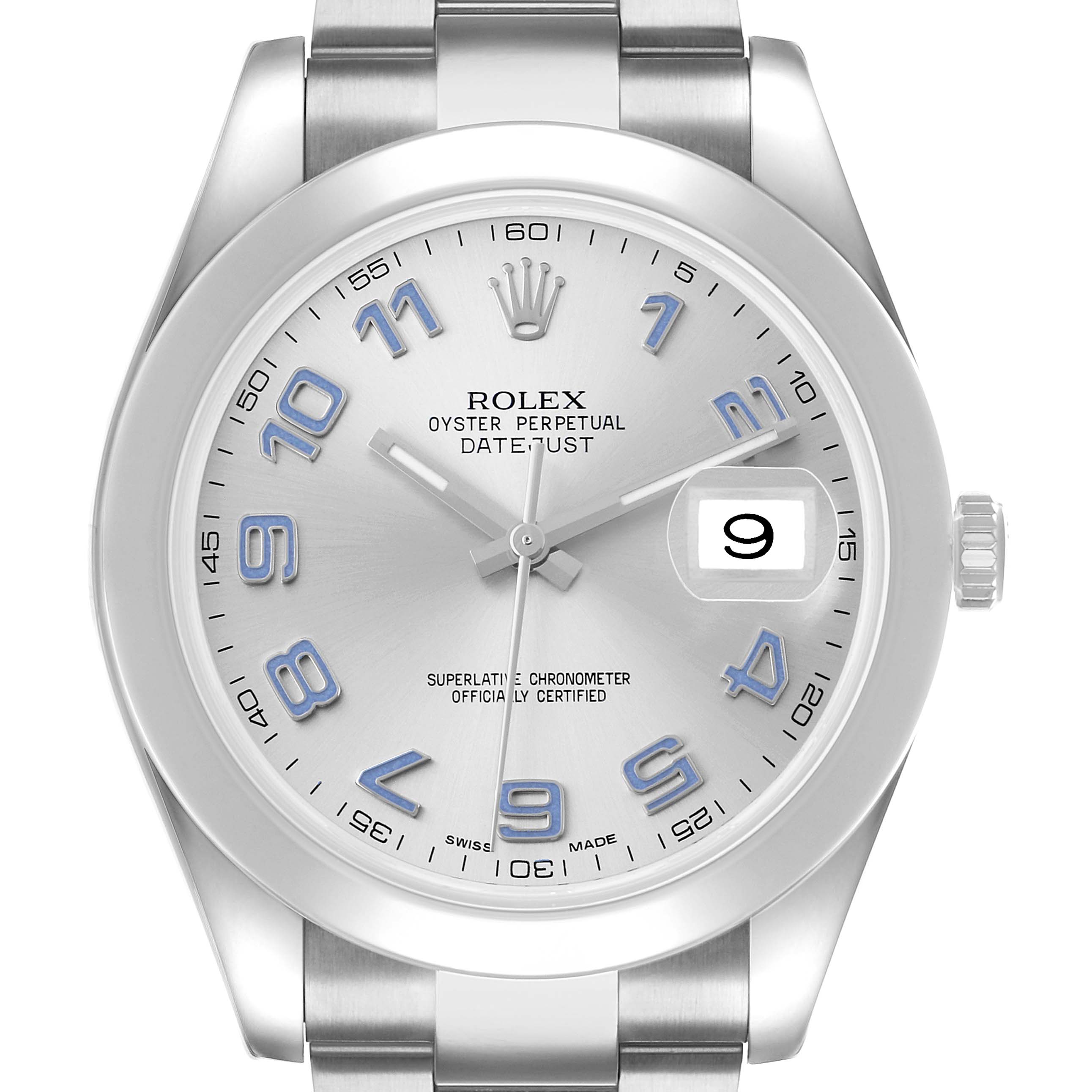 The Rolex Datejust 41 116300 Men's Stainless Steel Silver Dial model is shown from the front, displaying the dial, hands, date window, and bracelet.