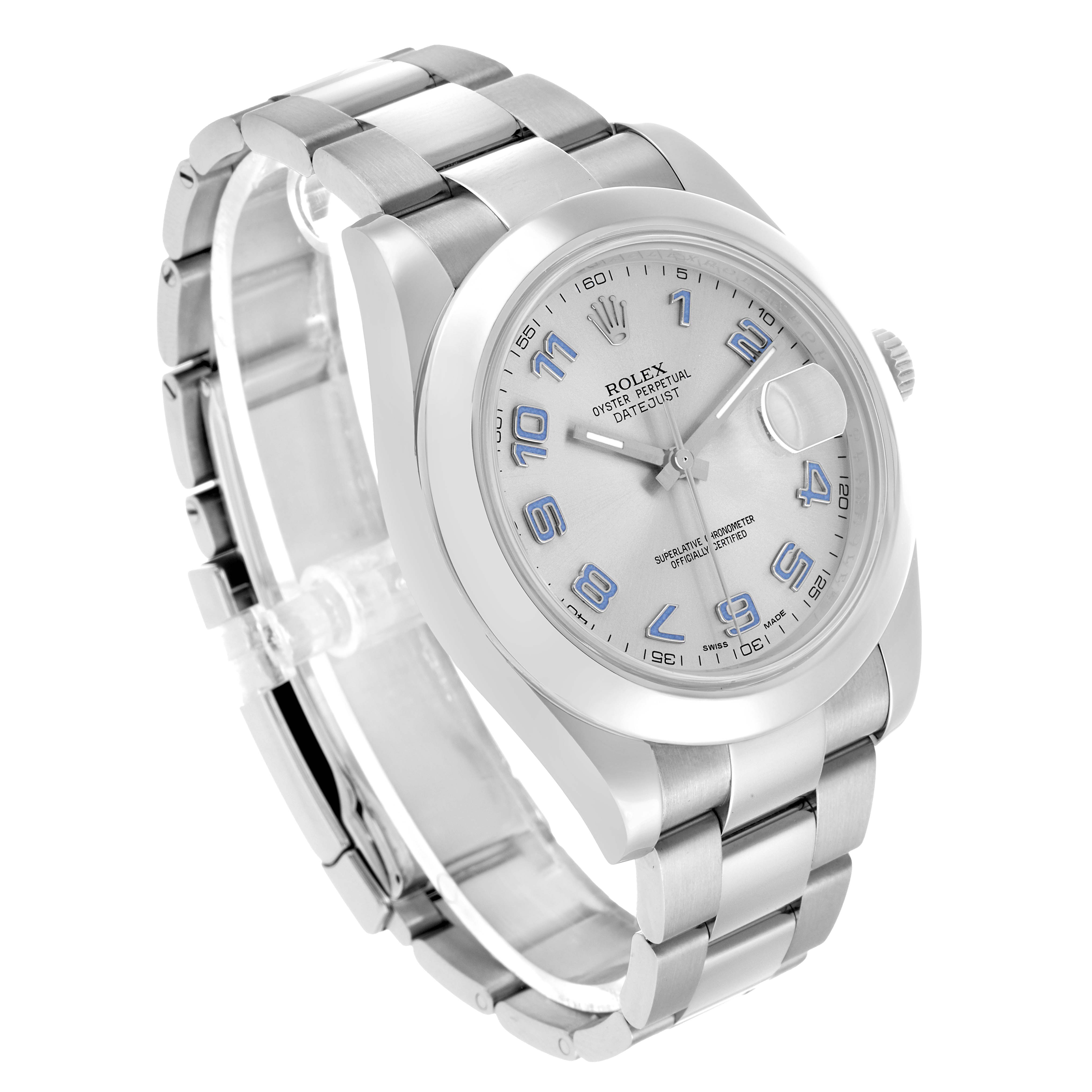 The Rolex Datejust 41 116300 Men's Stainless Steel Silver Dial is shown at an angled view, highlighting the dial, bezel, and stainless steel bracelet.