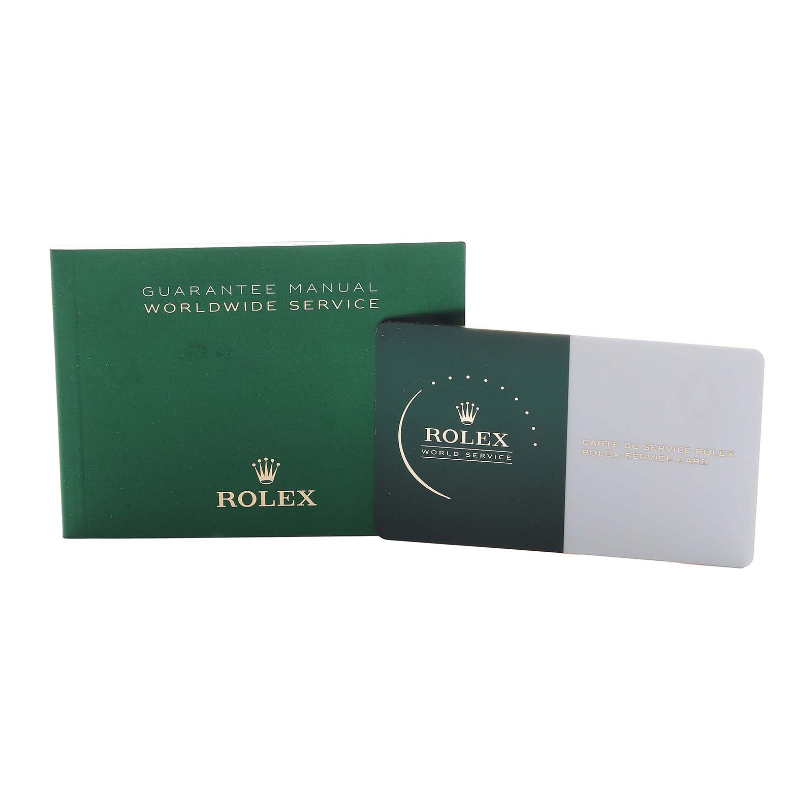 The image shows a Rolex Datejust 41 116300 Men's Stainless Steel Silver Dial guarantee manual and service card positioned side by side.