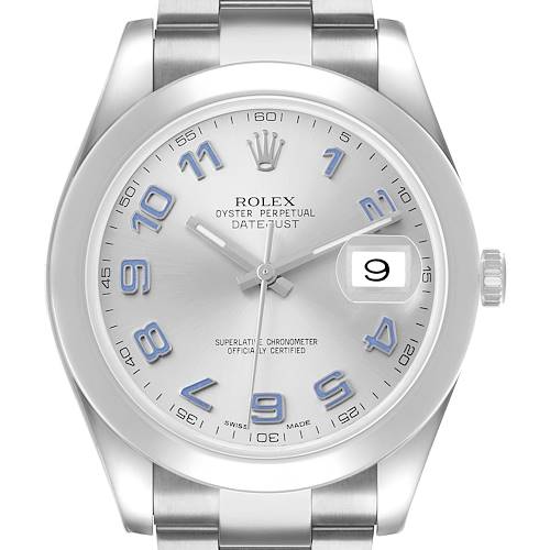 The Rolex Datejust 41 116300 Men's Stainless Steel Silver Dial watch is shown front-on, displaying the dial, hands, date window, and part of the bracelet.