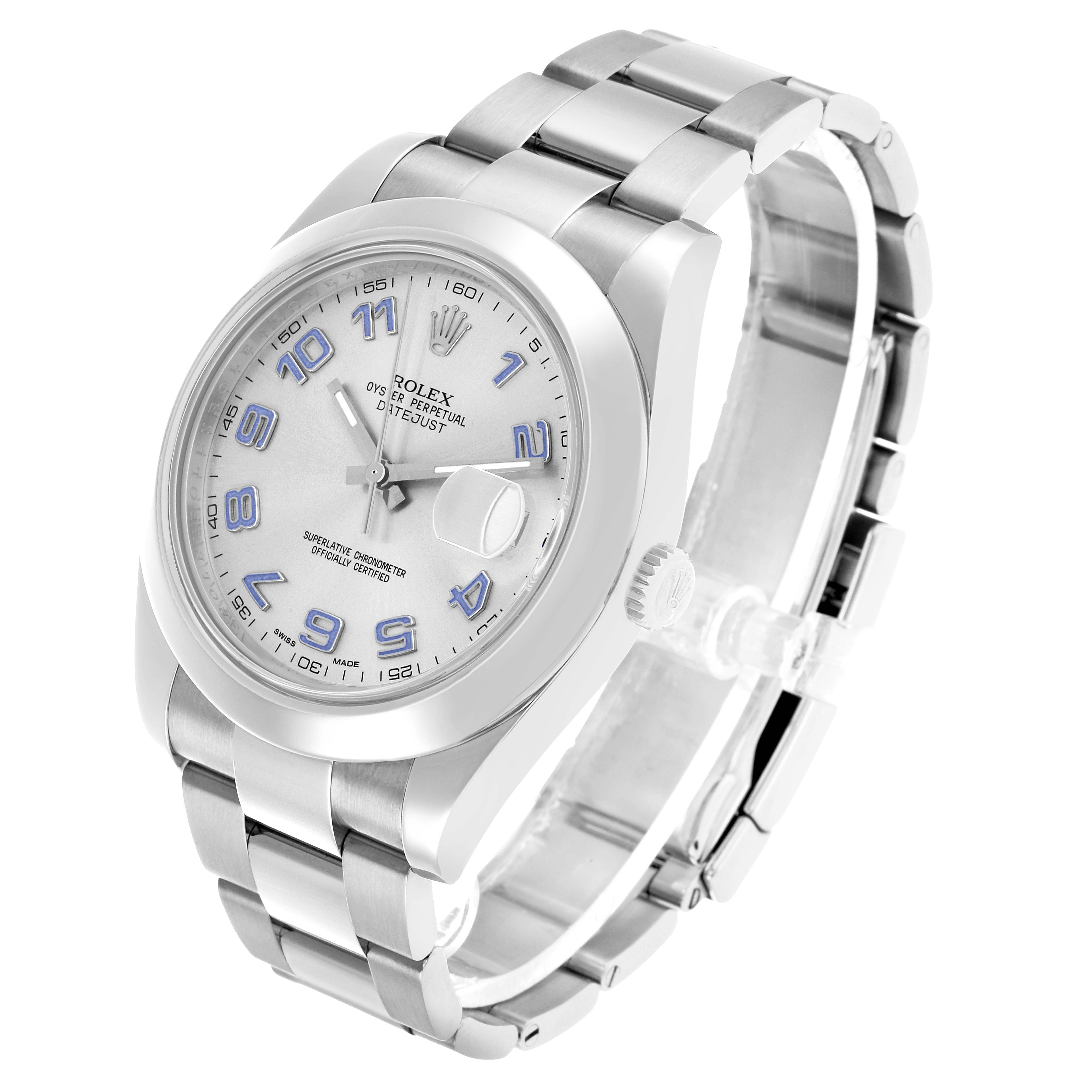 The Rolex Datejust 41 116300 Men's Stainless Steel Silver Dial is shown at an angle highlighting the silver dial, blue numerals, bracelet, and side profile.