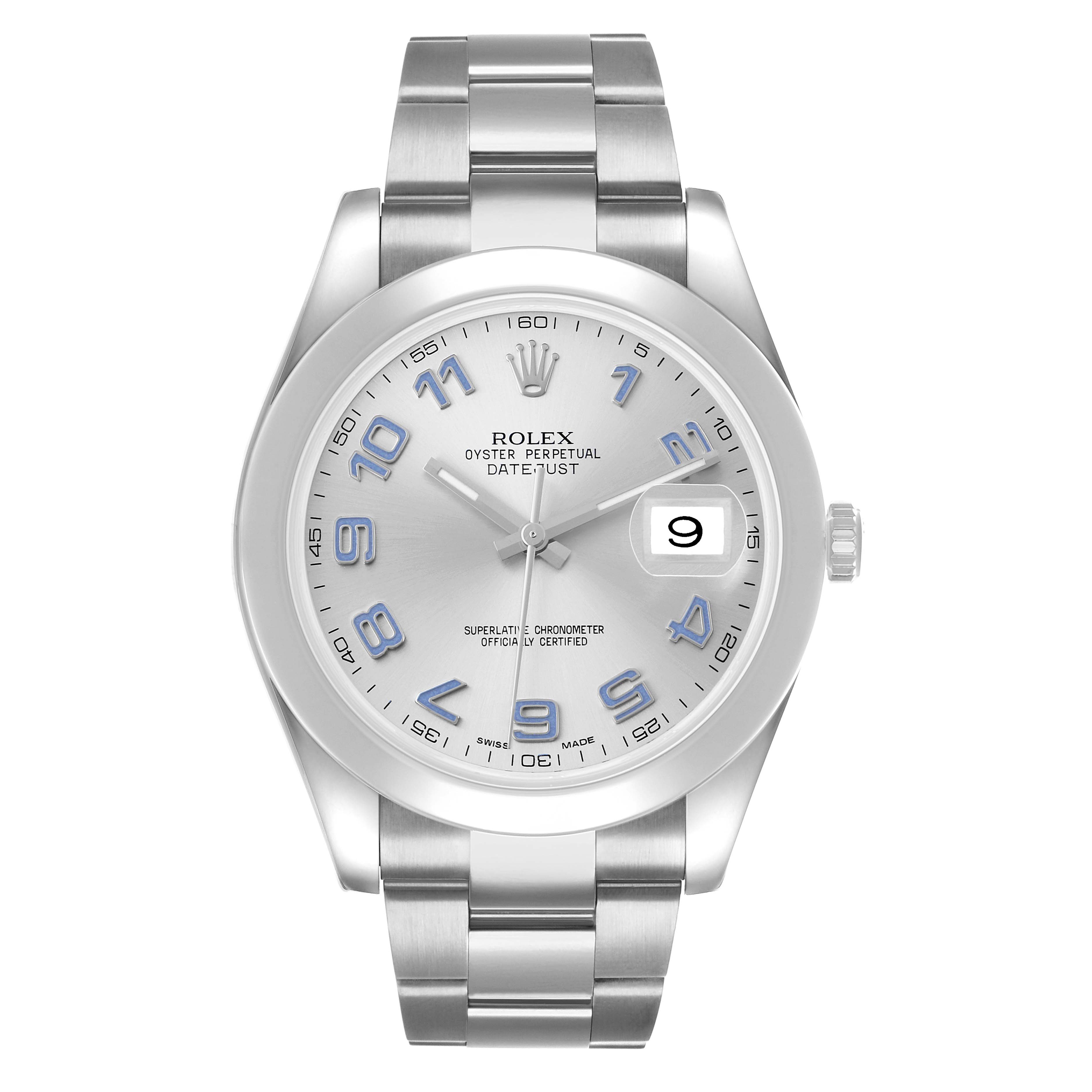 The Rolex Datejust 41 116300 Men's Stainless Steel Silver Dial watch is shown from a front angle, displaying its dial, bezel, and bracelet clearly.