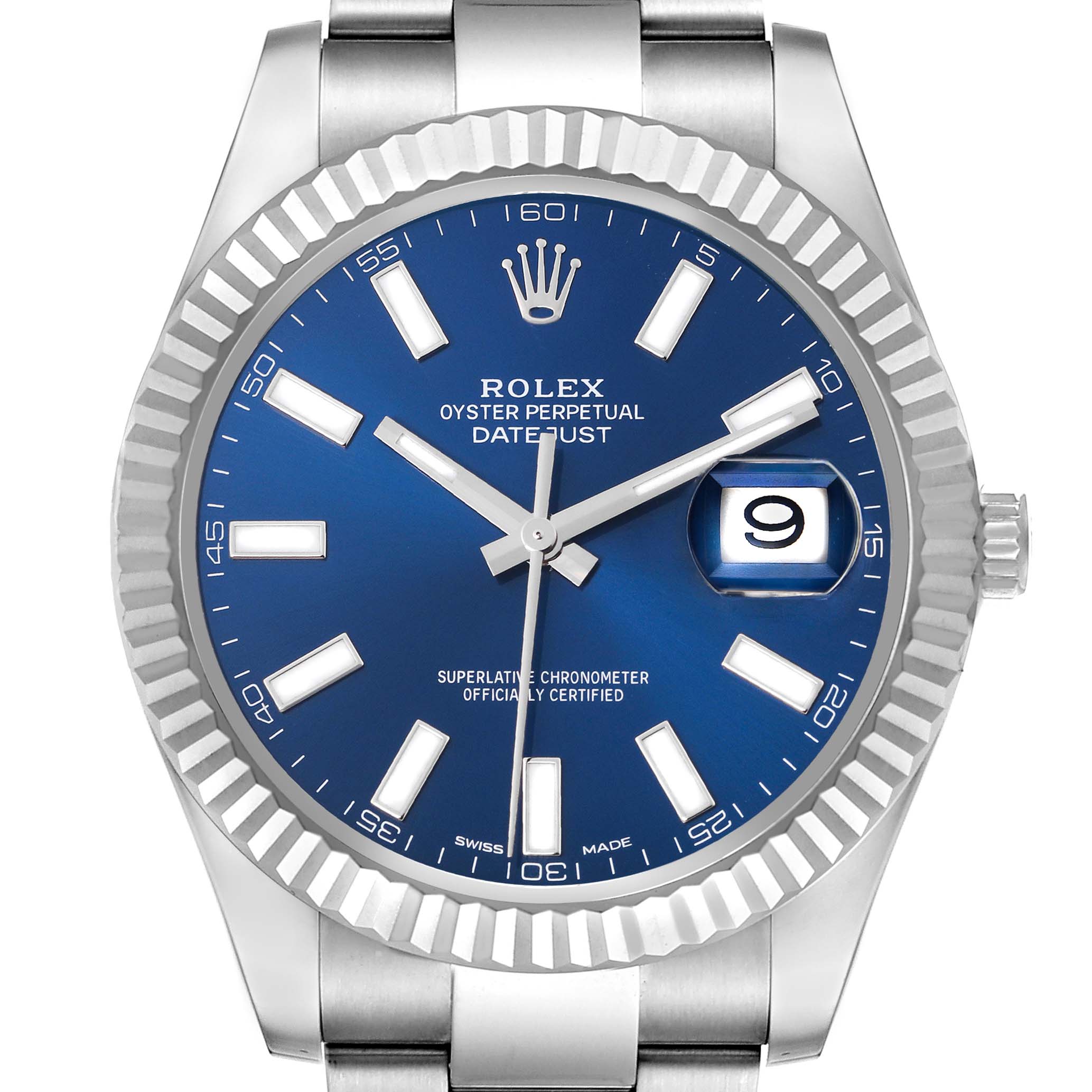 The Rolex Datejust 41 116334 Men's Stainless Steel Blue Dial 116334 Men's Stainless Steel Blue Dial watch is shown from the front, displaying the dial, fluted bezel, and part of the bracelet.