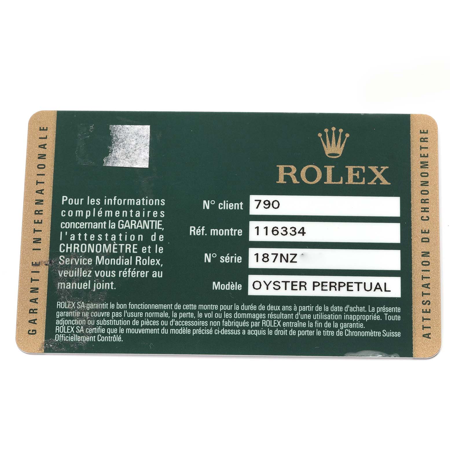 The image shows the warranty card for a Rolex Datejust 41 116334 Men's Stainless Steel Blue Dial 116334 Men's Stainless Steel Blue Dial, detailing model and serial numbers.