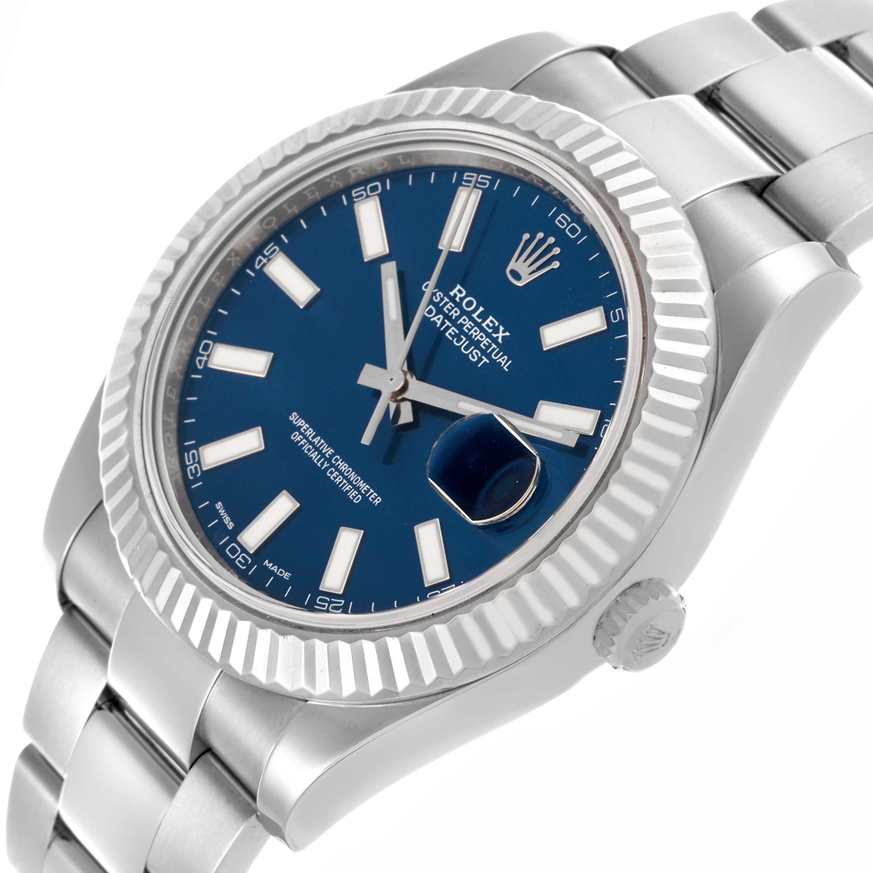 The Rolex Datejust 41 116334 Men's Stainless Steel Blue Dial 116334 Men's Stainless Steel Blue Dial is shown at an angled view highlighting the blue dial, fluted bezel, and part of the bracelet.
