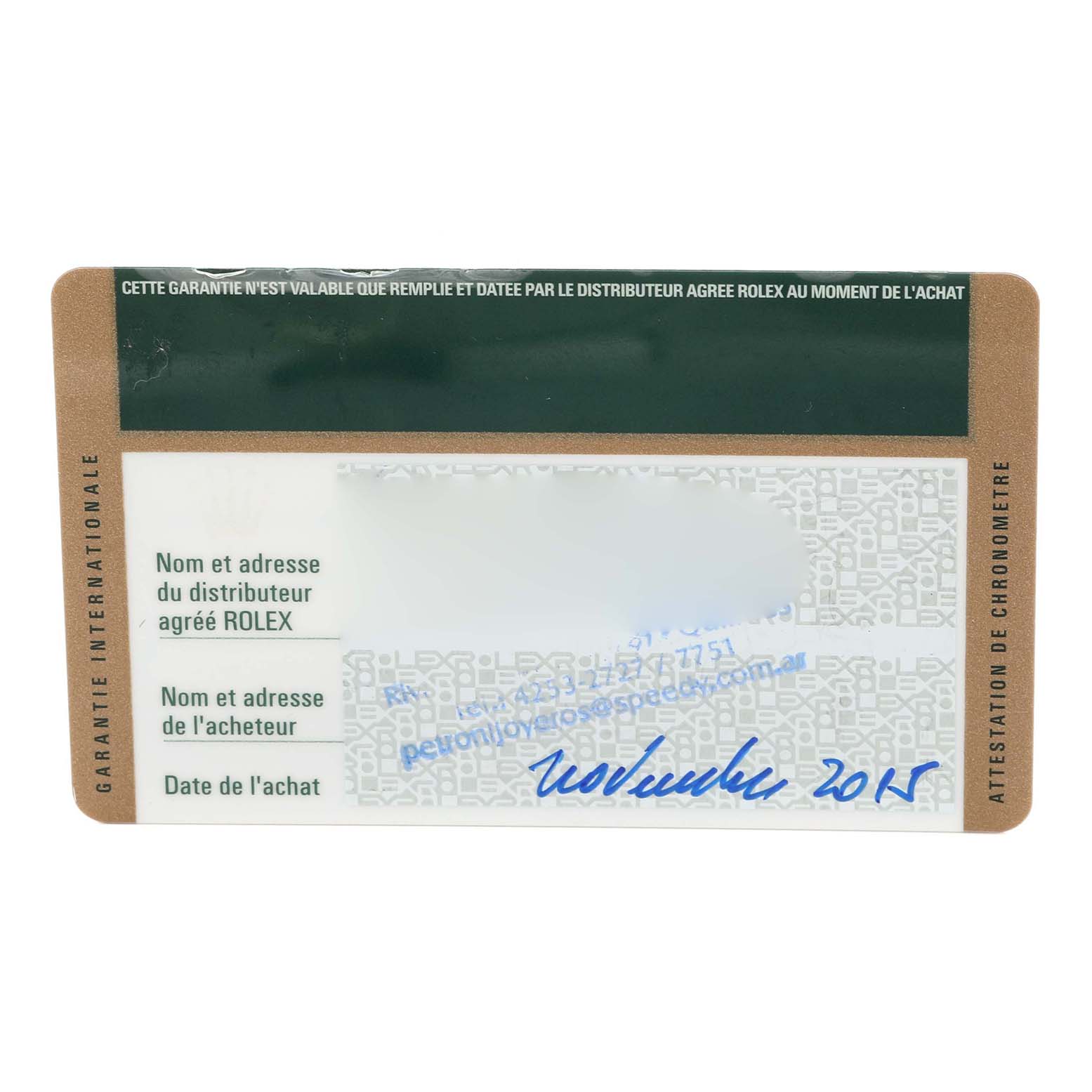 The image shows a warranty card for the Rolex Datejust 41 116334 Men's Stainless Steel Blue Dial 116334 Men's Stainless Steel Blue Dial watch viewed from the front.