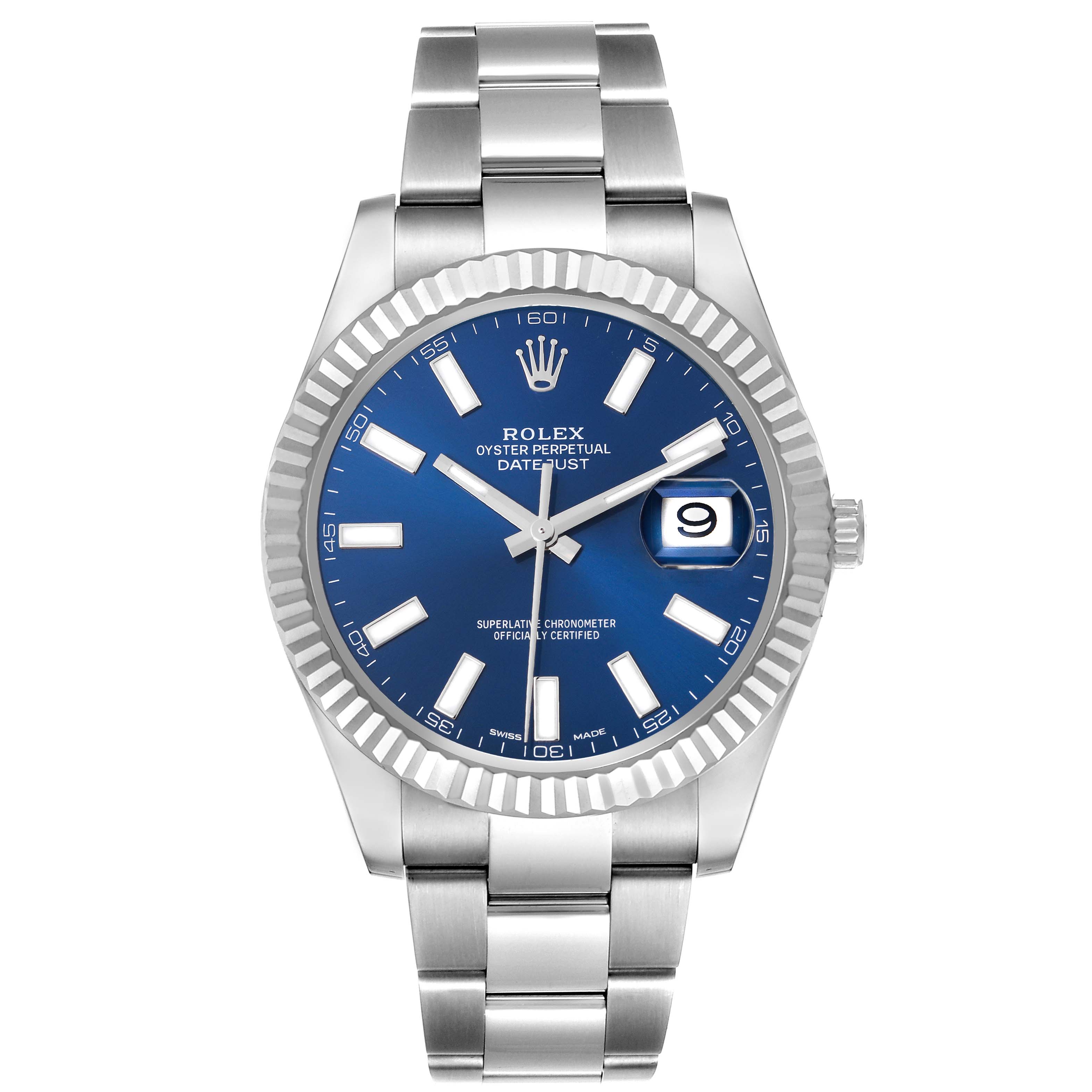 The Rolex Datejust 41 116334 Men's Stainless Steel Blue Dial 116334 Men's Stainless Steel Blue Dial watch shows a front view with a blue dial, fluted bezel, and metal bracelet.