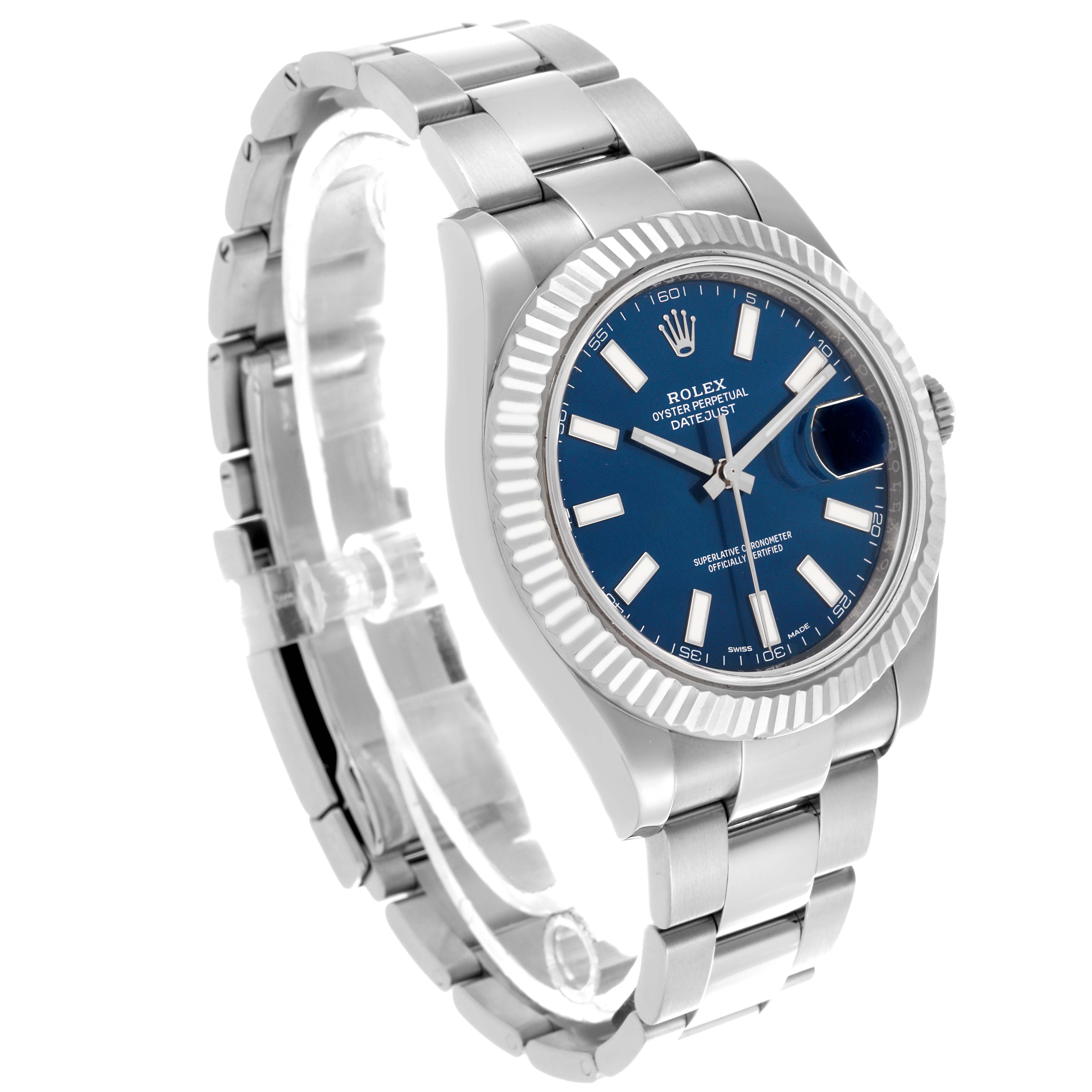 The Rolex Datejust 41 116334 Men's Stainless Steel Blue Dial 116334 Men's Stainless Steel Blue Dial is shown from a front-side angle, highlighting the face, fluted bezel, and oyster bracelet.