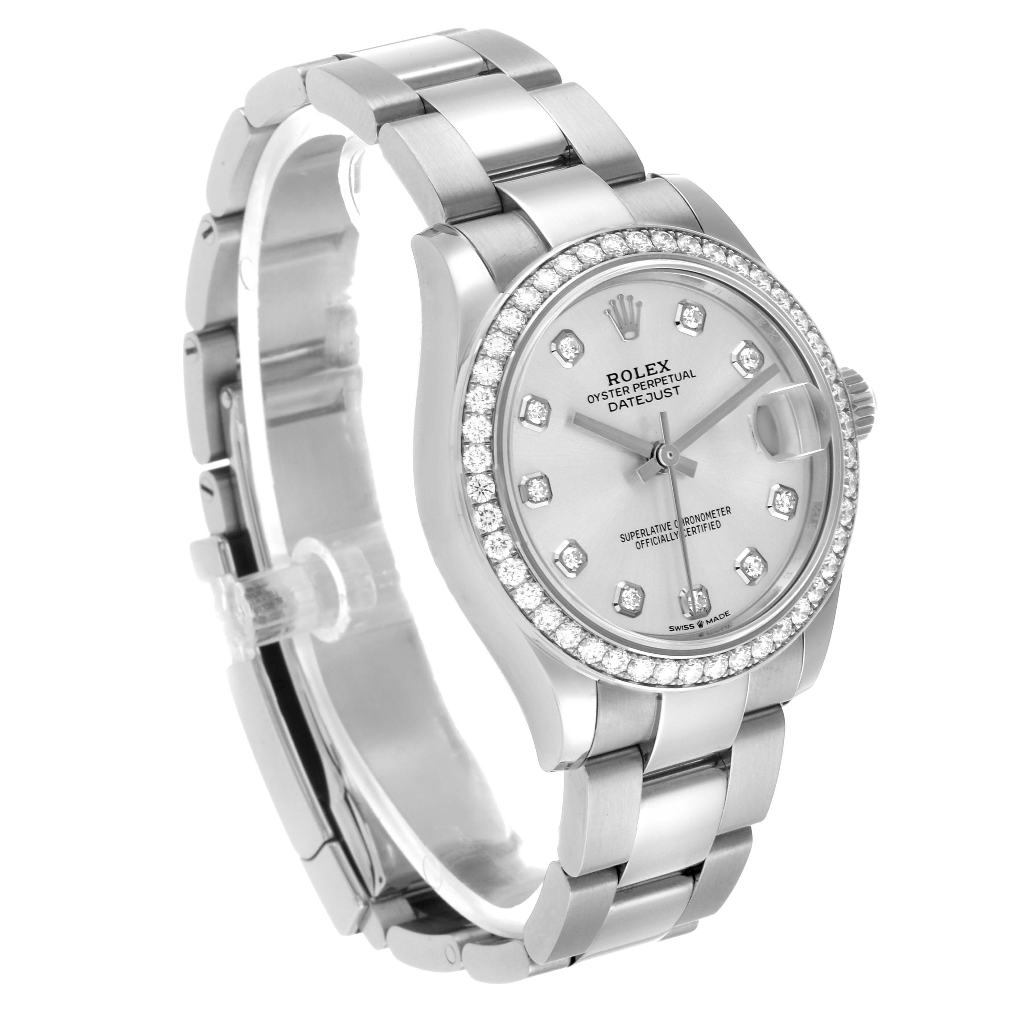 The Rolex Mid-Size 278384RBR Women's Stainless Steel Silver Dial watch is shown at a three-quarter angle, displaying the bracelet, bezel, crown, and part of the dial.