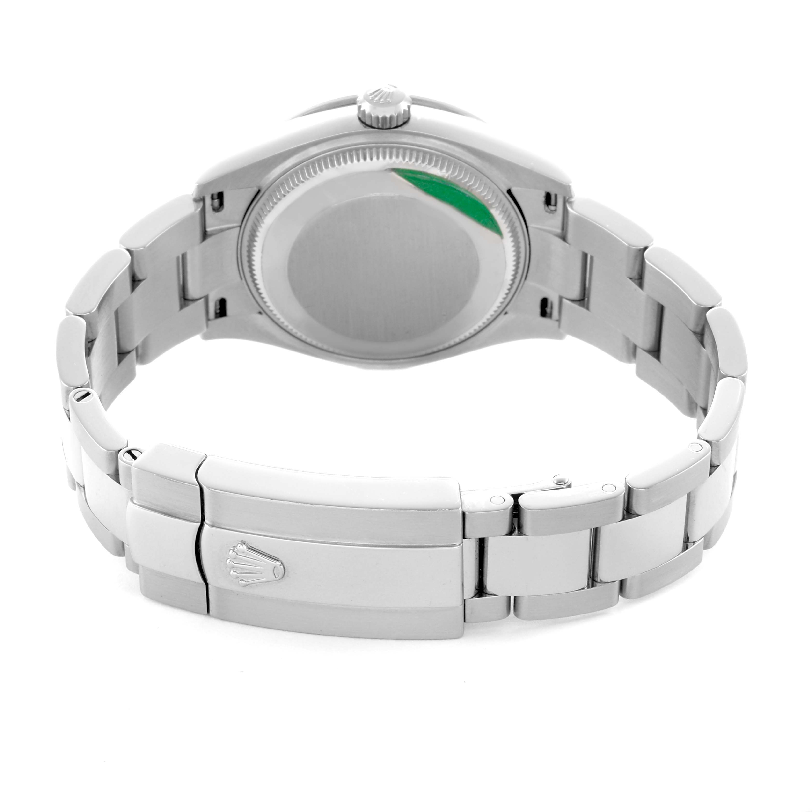 The image shows the back view of a Rolex Mid-Size 278384RBR Women's Stainless Steel Silver Dial model, highlighting the case back, bracelet, and clasp.