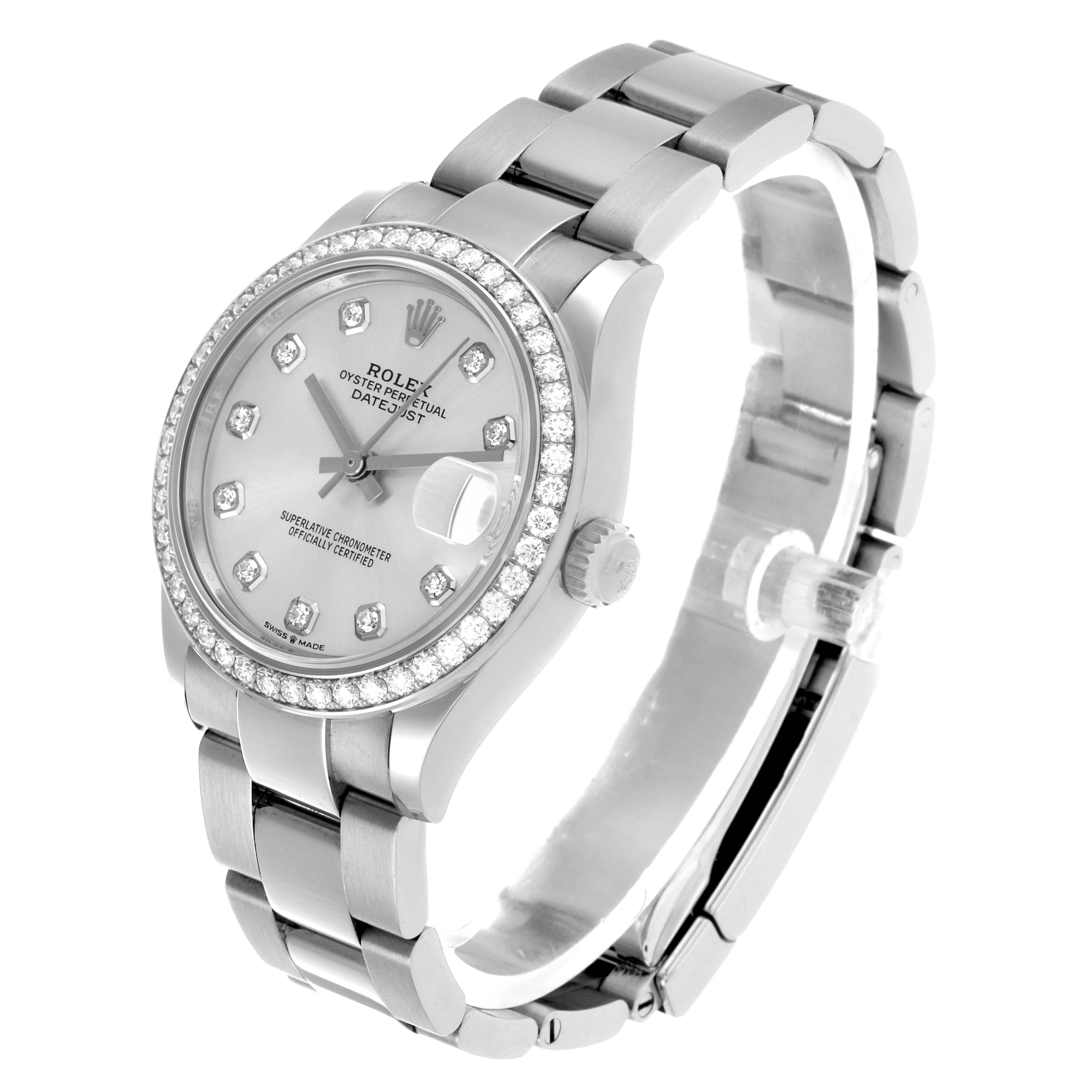 The Rolex Mid-Size 278384RBR Women's Stainless Steel Silver Dial watch is shown at an angled view, displaying the face, bezel, bracelet, and crown.