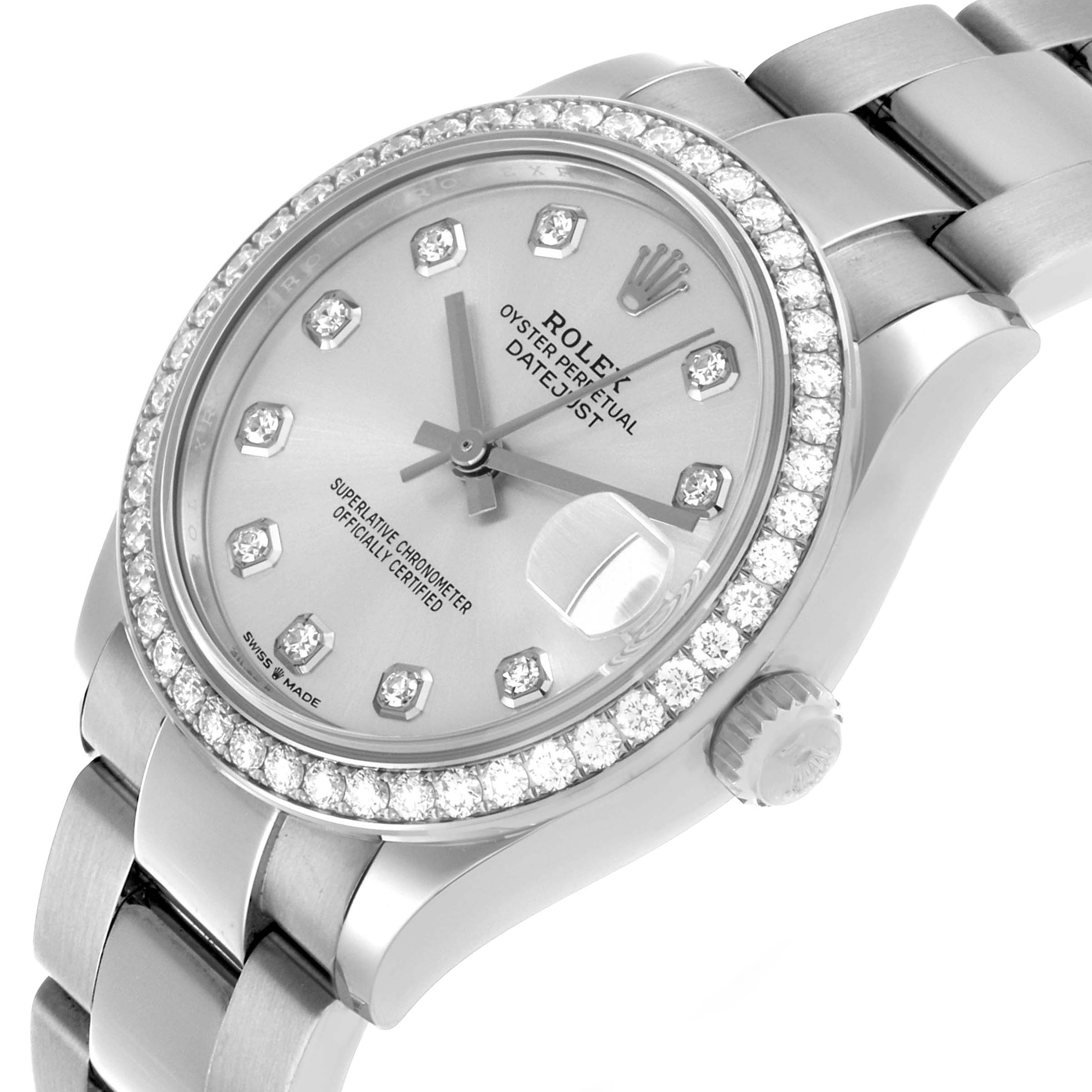 The Rolex Mid-Size 278384RBR Women's Stainless Steel Silver Dial watch is shown at an angled view, displaying the bezel, dial, bracelet, crown, and diamond markers.
