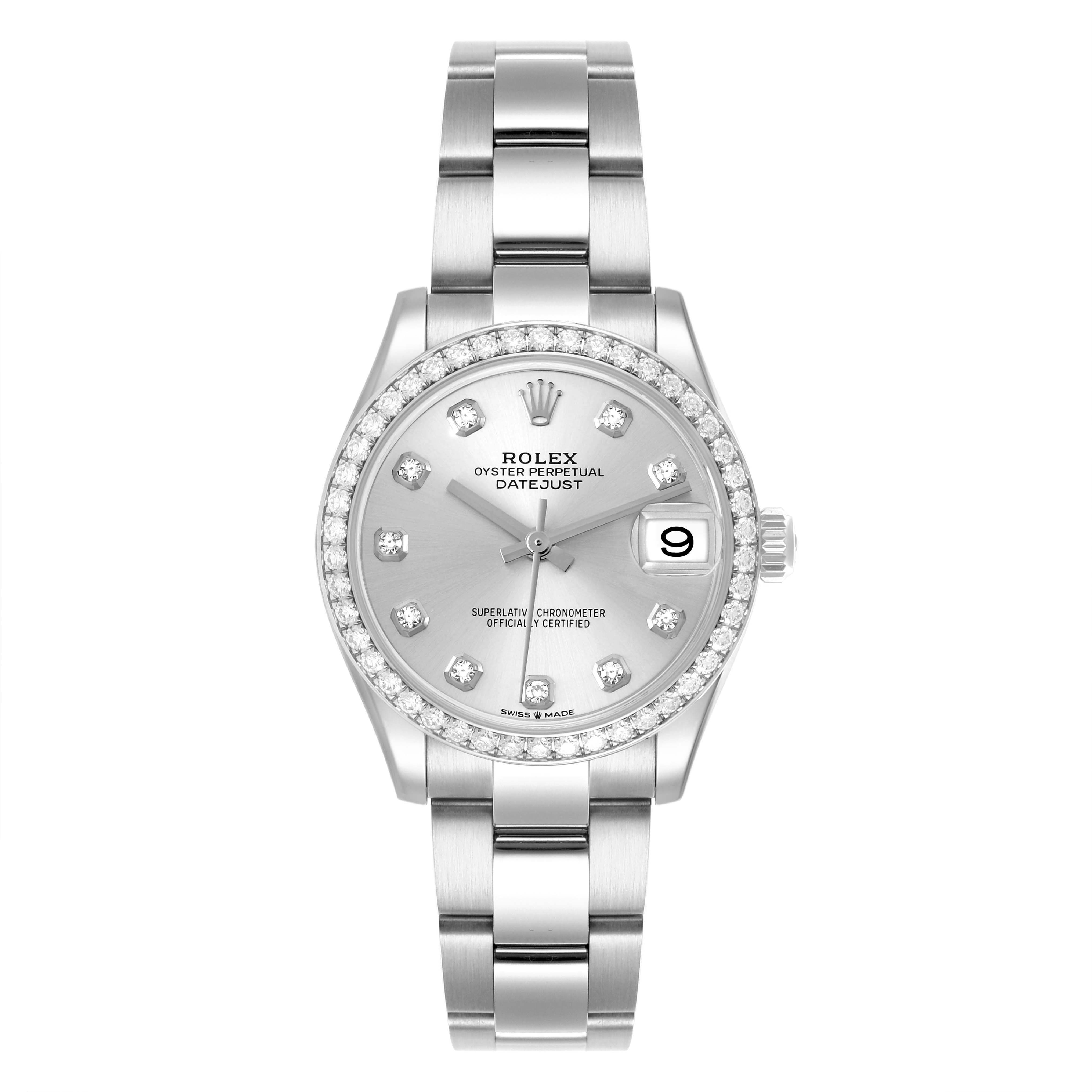 The Rolex Datejust Mid-Size watch is shown from a top-down angle, displaying the face, bezel, and bracelet clearly.