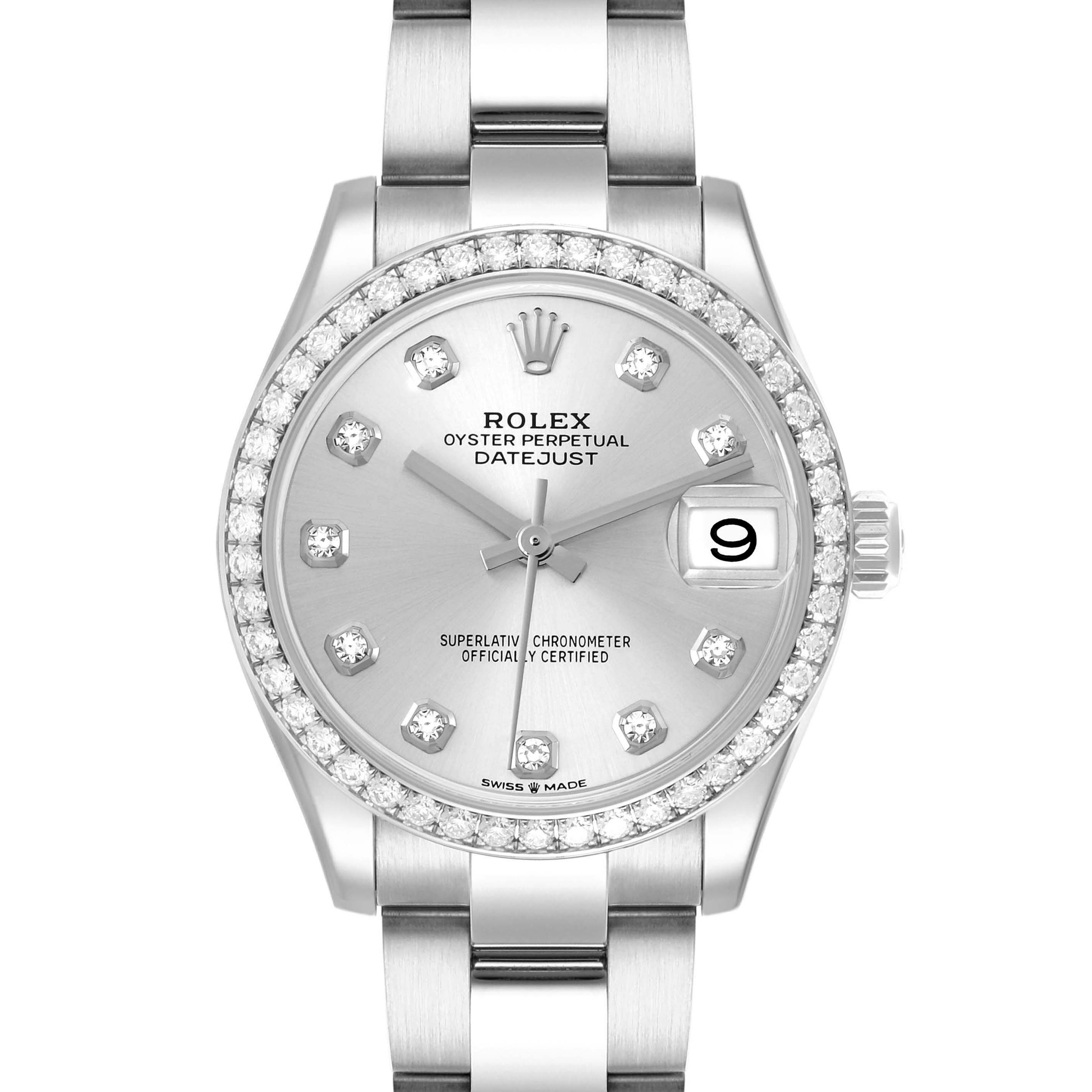 The Rolex Mid-Size 278384RBR Women's Stainless Steel Silver Dial watch is shown from a front angle, highlighting its diamond bezel, silver dial, and date display.