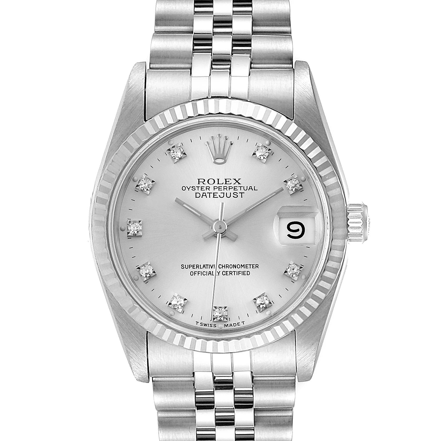 The Rolex Mid-Size 68274 Women
s Stainless Steel Silver Dial 68274 Women
s Stainless Steel Silver Dial Datejust watch is shown from a front angle, displaying the dial, bezel, bracelet, and date window.
