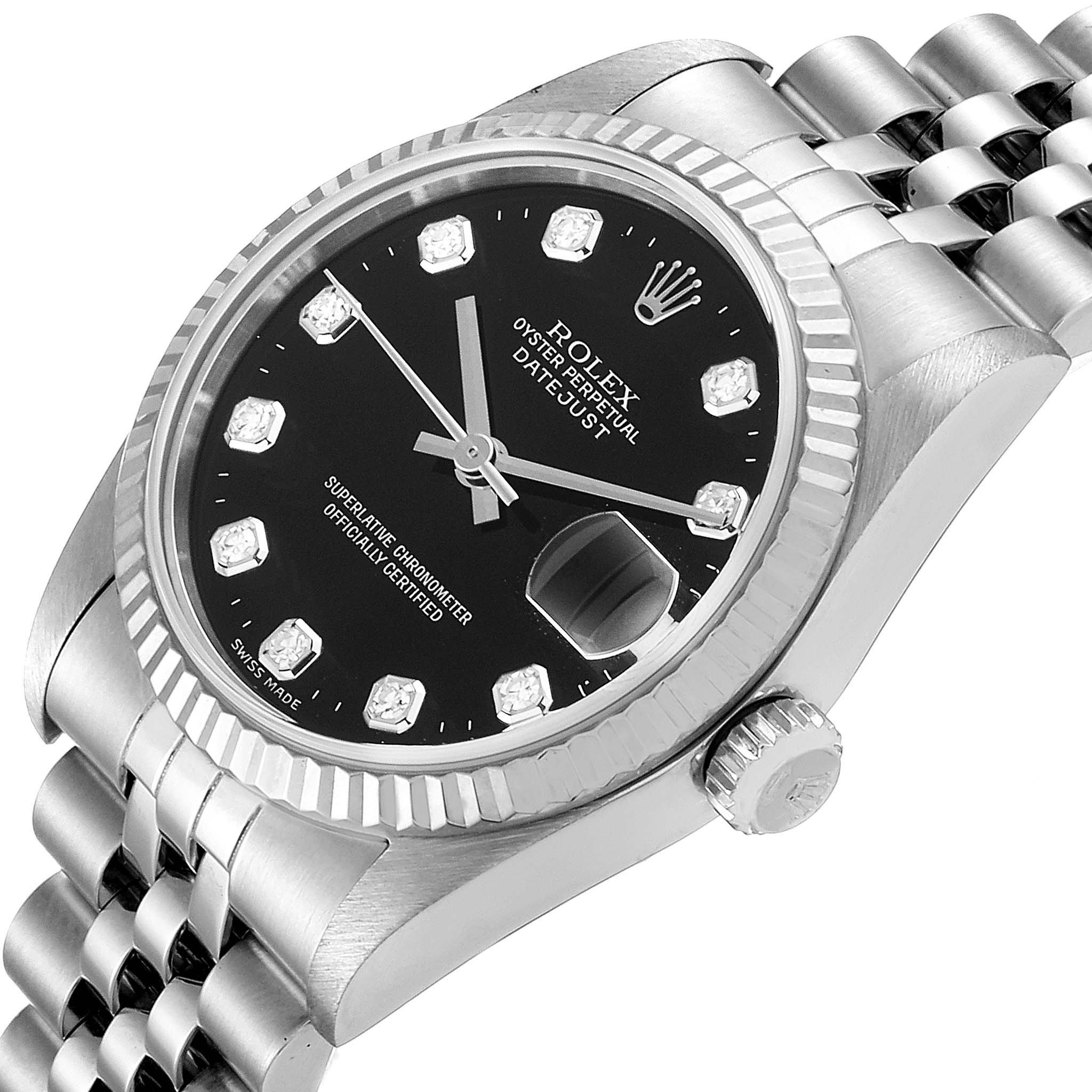 This image shows a Mid-Size Rolex Datejust watch from a slightly angled side view, highlighting the dial, bezel, crown, and partial bracelet.