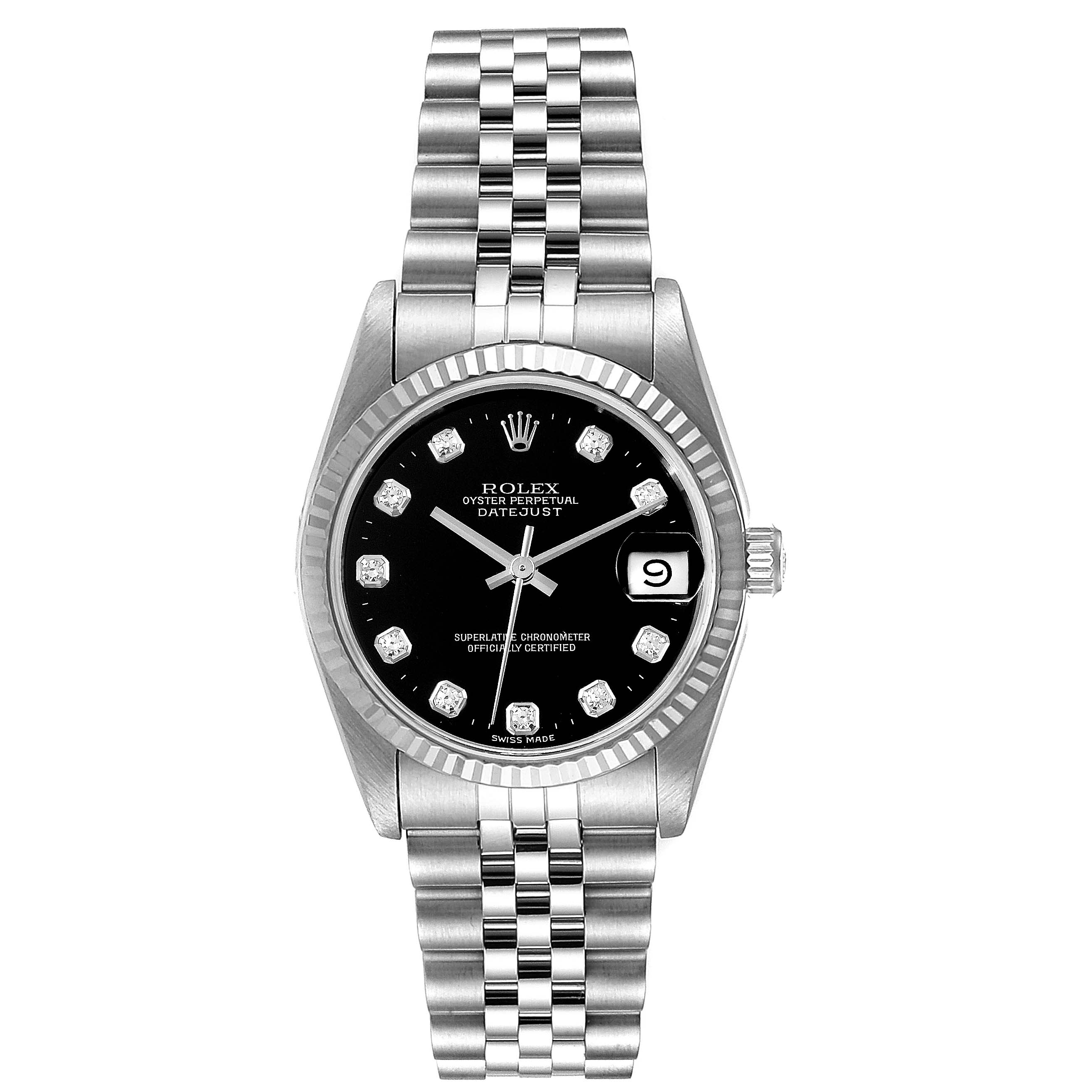 The image shows a front view of a Rolex Datejust Mid-Size watch with a black dial, diamond hour markers, and a Jubilee bracelet.