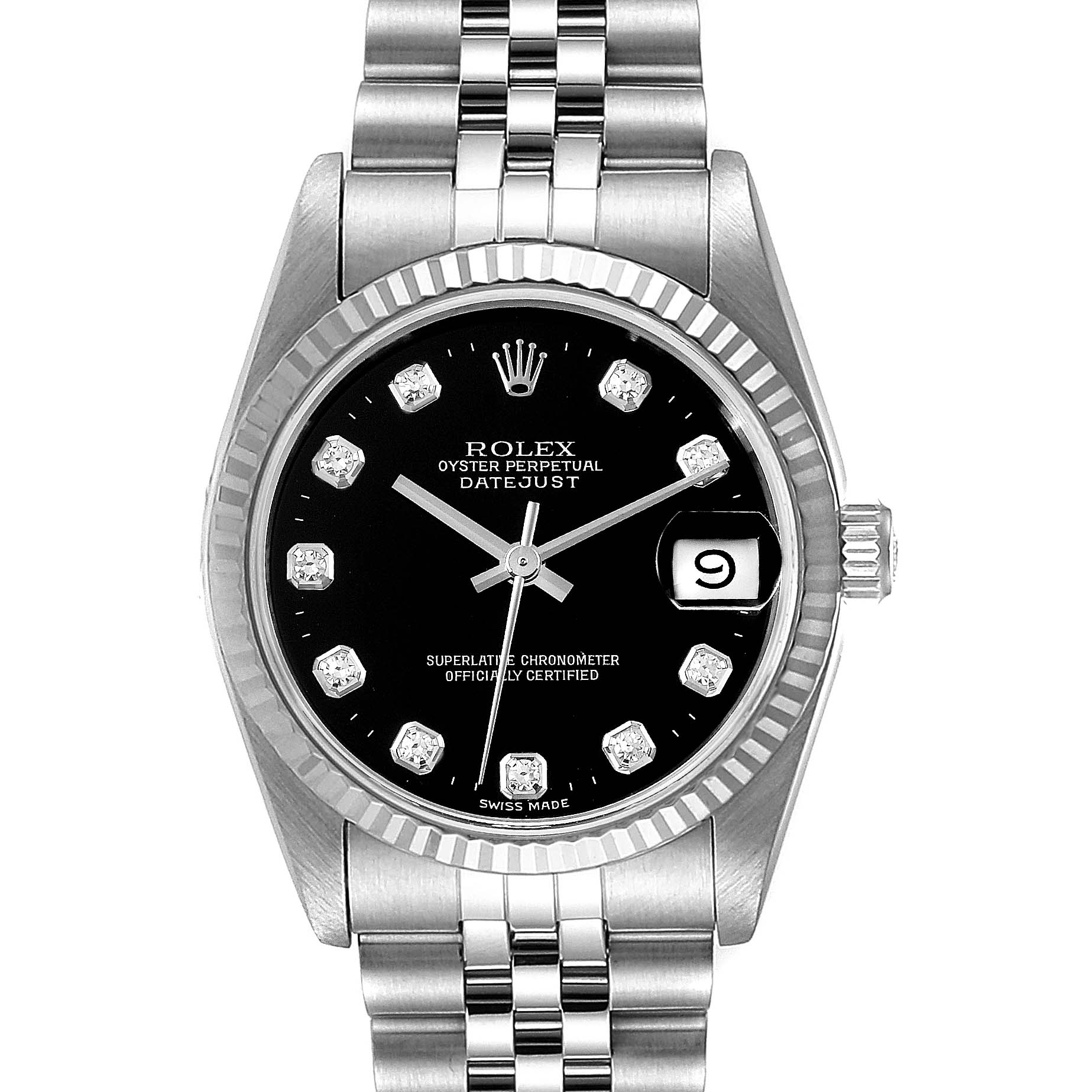 The image shows a Rolex Mid-Size 68274 Women
s Stainless Steel Black Dial 68274 Women
s Stainless Steel Black Dial Datejust watch from a front angle, focusing on the dial, bezel, and bracelet.