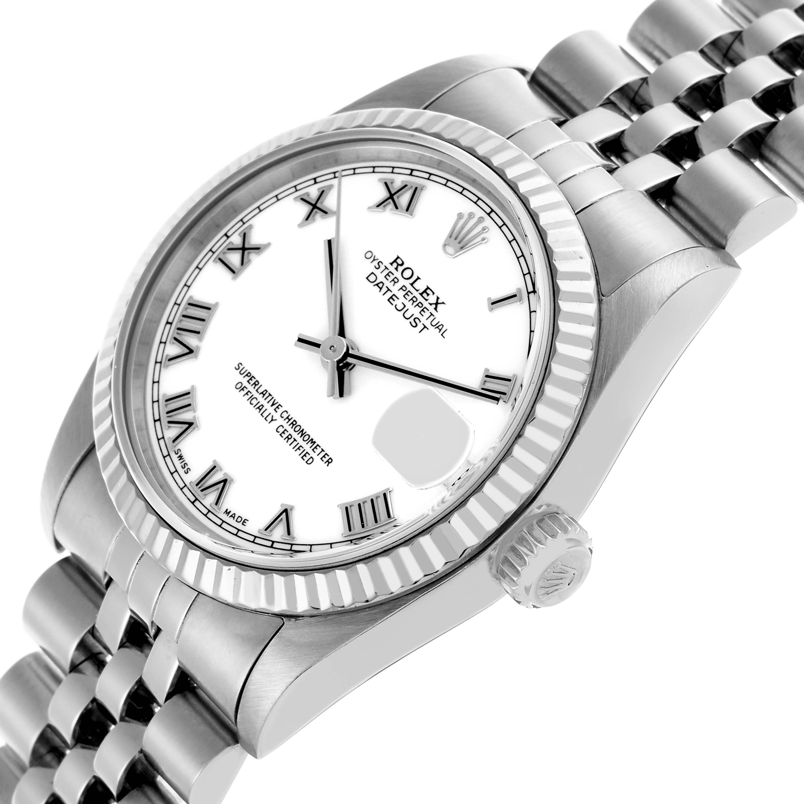 The Rolex Mid-Size 78274 Women's Stainless Steel White Dial 78274 Women's Stainless Steel White Dial watch is shown at a slight angle displaying the face, bezel, crown, and part of the bracelet.