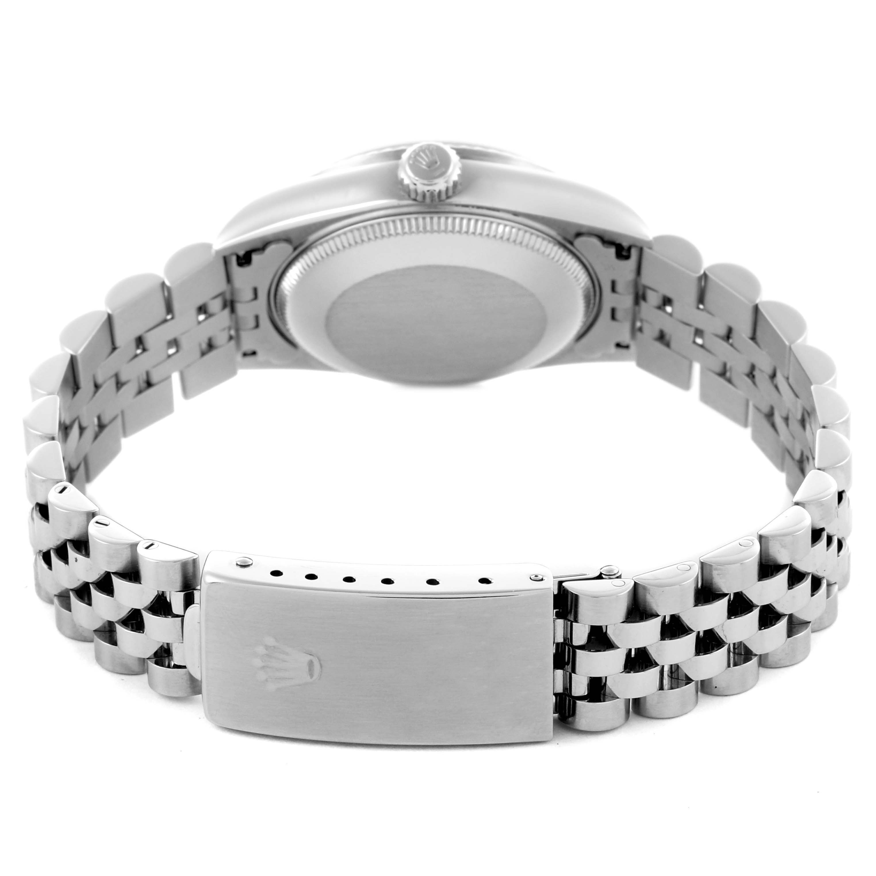 The image shows the back view of a Rolex Mid-Size 78274 Women's Stainless Steel White Dial 78274 Women's Stainless Steel White Dial watch, highlighting the bracelet and clasp.