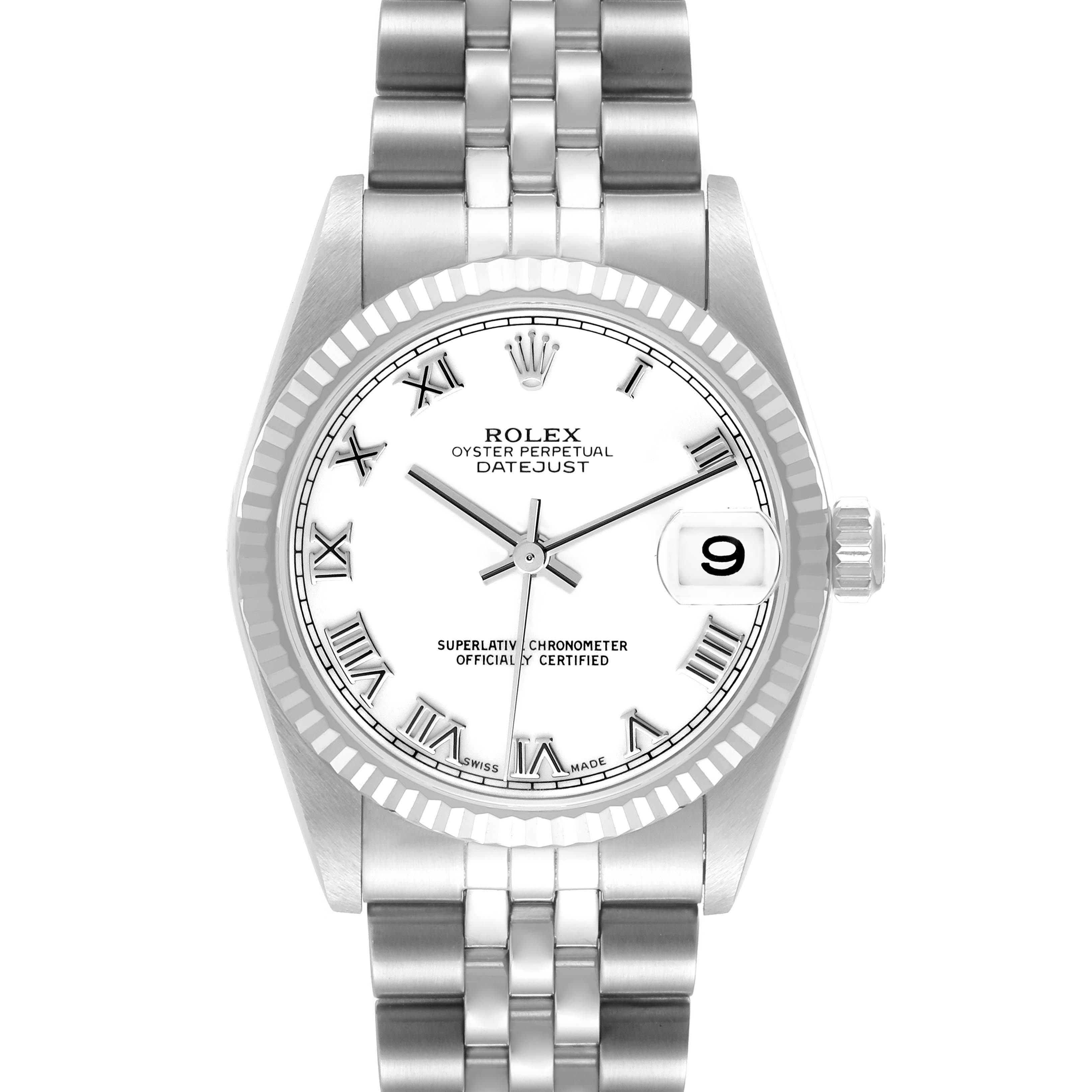 The Rolex Datejust watch is shown from the front, highlighting the dial, bezel, case, and bracelet.