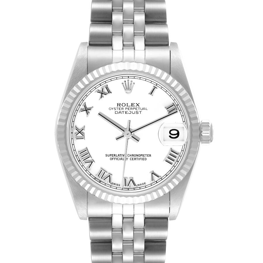 The Rolex Datejust watch is shown from the front, highlighting the dial, bezel, case, and bracelet.