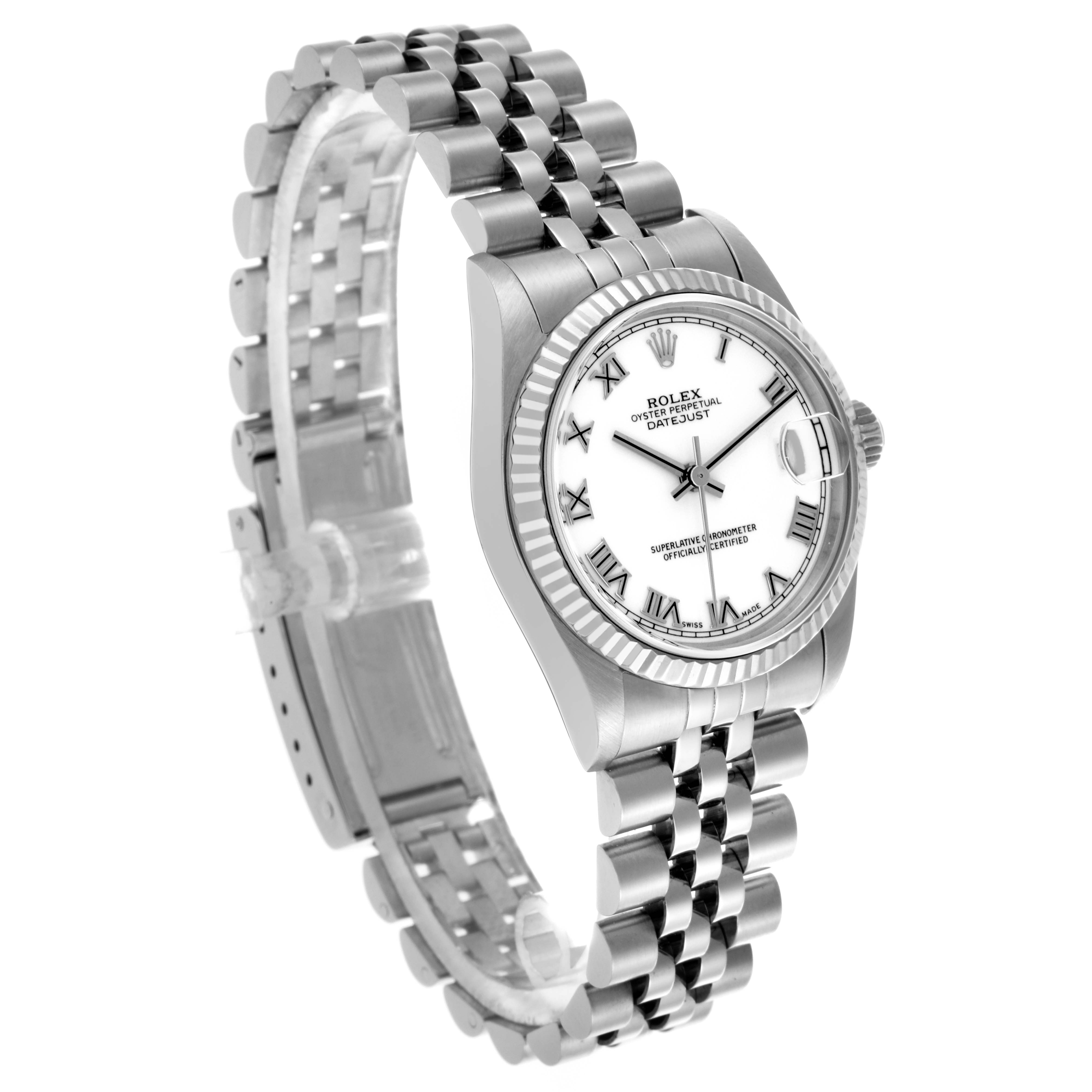 The Rolex Datejust Mid-Size watch is shown at an angle highlighting its face, fluted bezel, and jubilee bracelet.