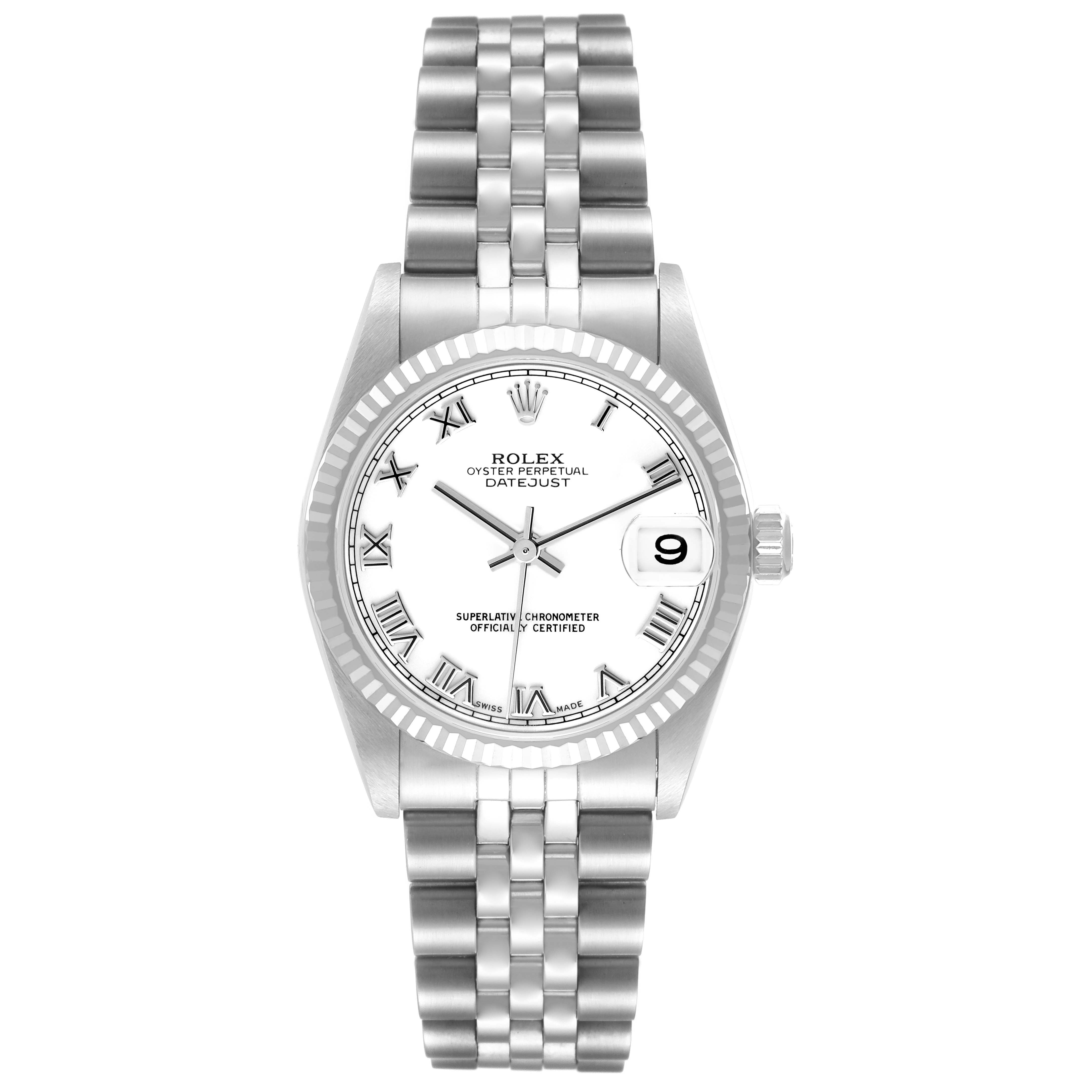 The Rolex Datejust Mid-Size watch is shown from the front, displaying the dial, bezel, case, and bracelet.