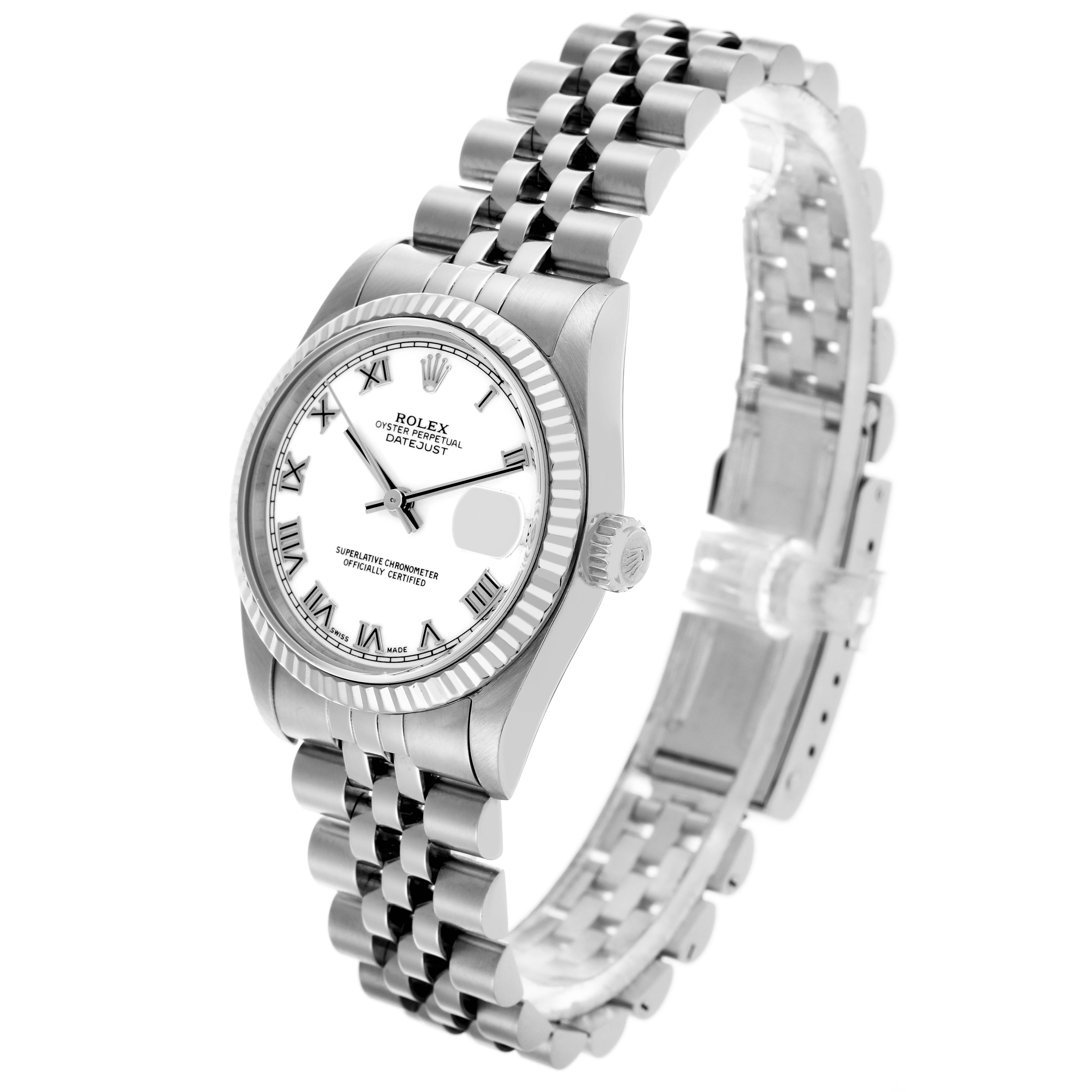 The Rolex Mid-Size 78274 Women's Stainless Steel White Dial 78274 Women's Stainless Steel White Dial watch is shown at a three-quarter angle, displaying the face, bezel, and Jubilee bracelet.