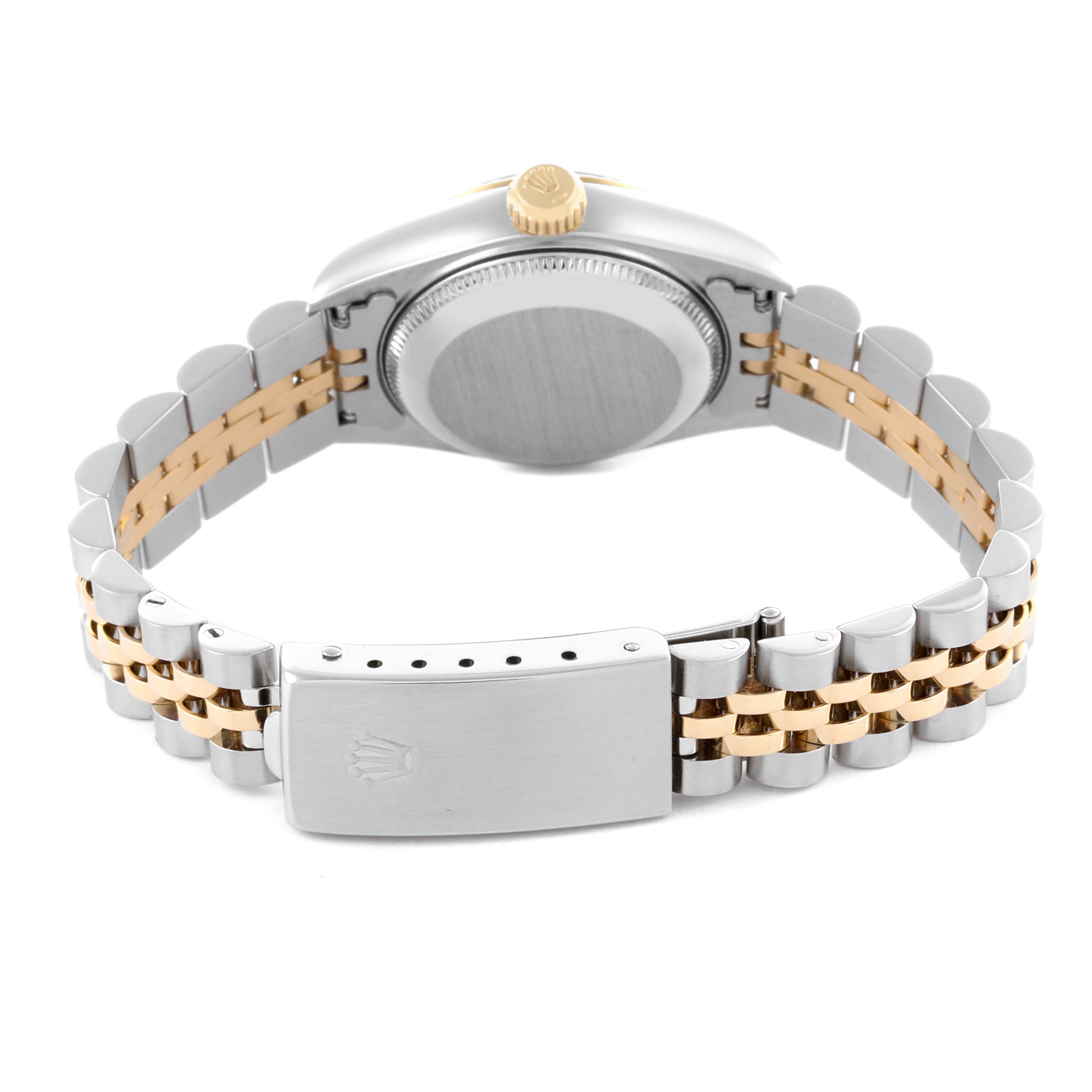 The image shows the back and clasp of a Rolex Datejust 69173 Women's Steel and Gold (two tone) Red Dial 69173 Women's Steel and Gold (two tone) Red Dial, highlighting its two-tone bracelet and crown.