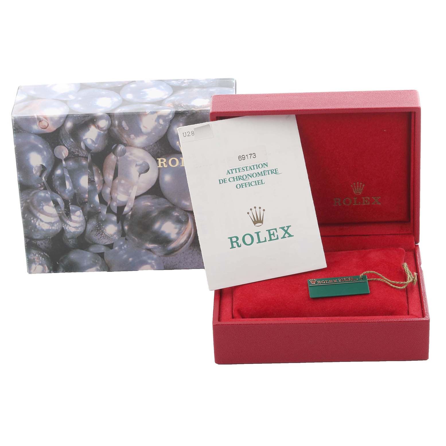 The image shows a Rolex Datejust 69173 Women's Steel and Gold (two tone) Red Dial 69173 Women's Steel and Gold (two tone) Red Dial watch box, certificate, and tag from a frontal angle.