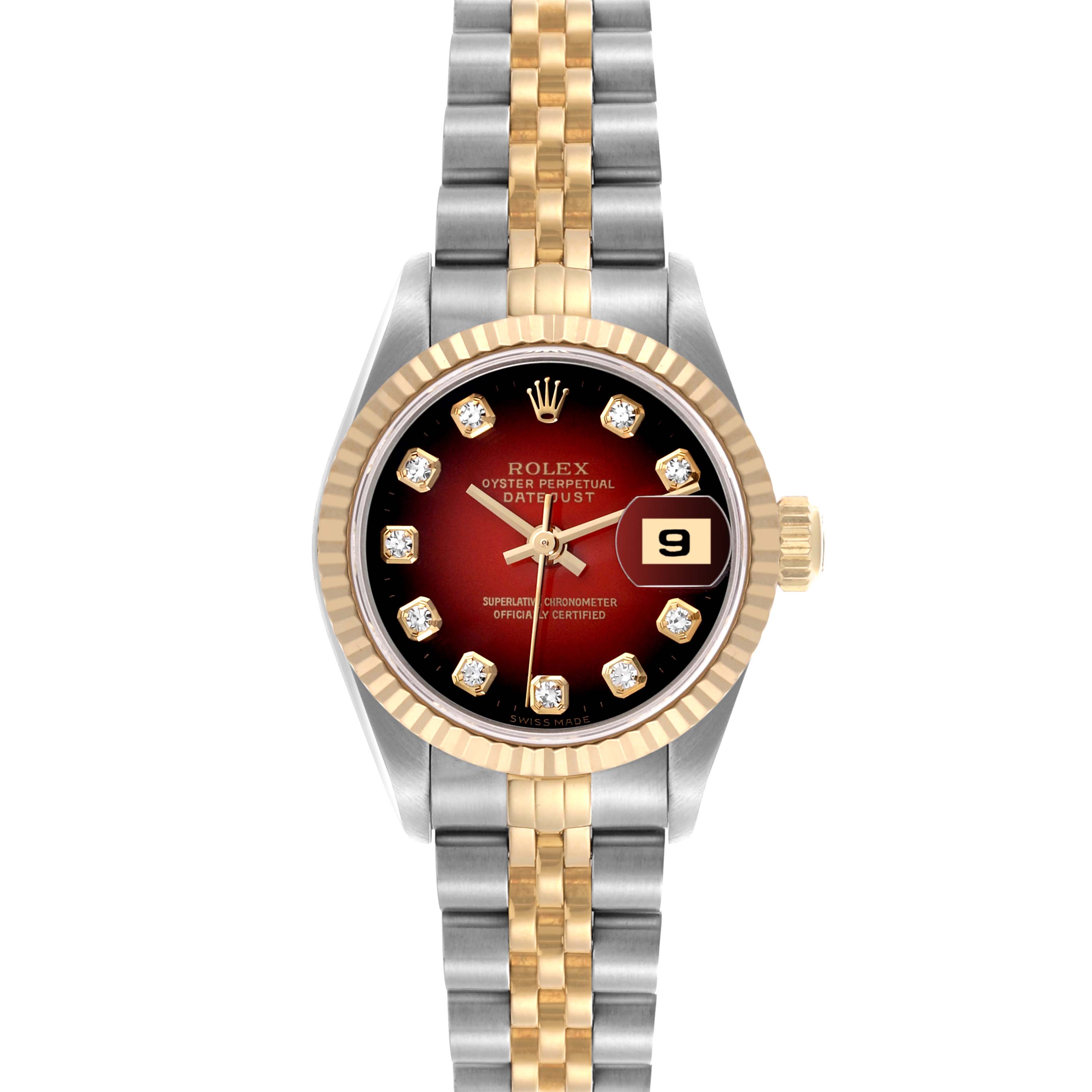 The Rolex Datejust 69173 Women's Steel and Gold (two tone) Red Dial 69173 Women's Steel and Gold (two tone) Red Dial watch is shown from a frontal angle, displaying the dial, bezel, case, and bracelet.