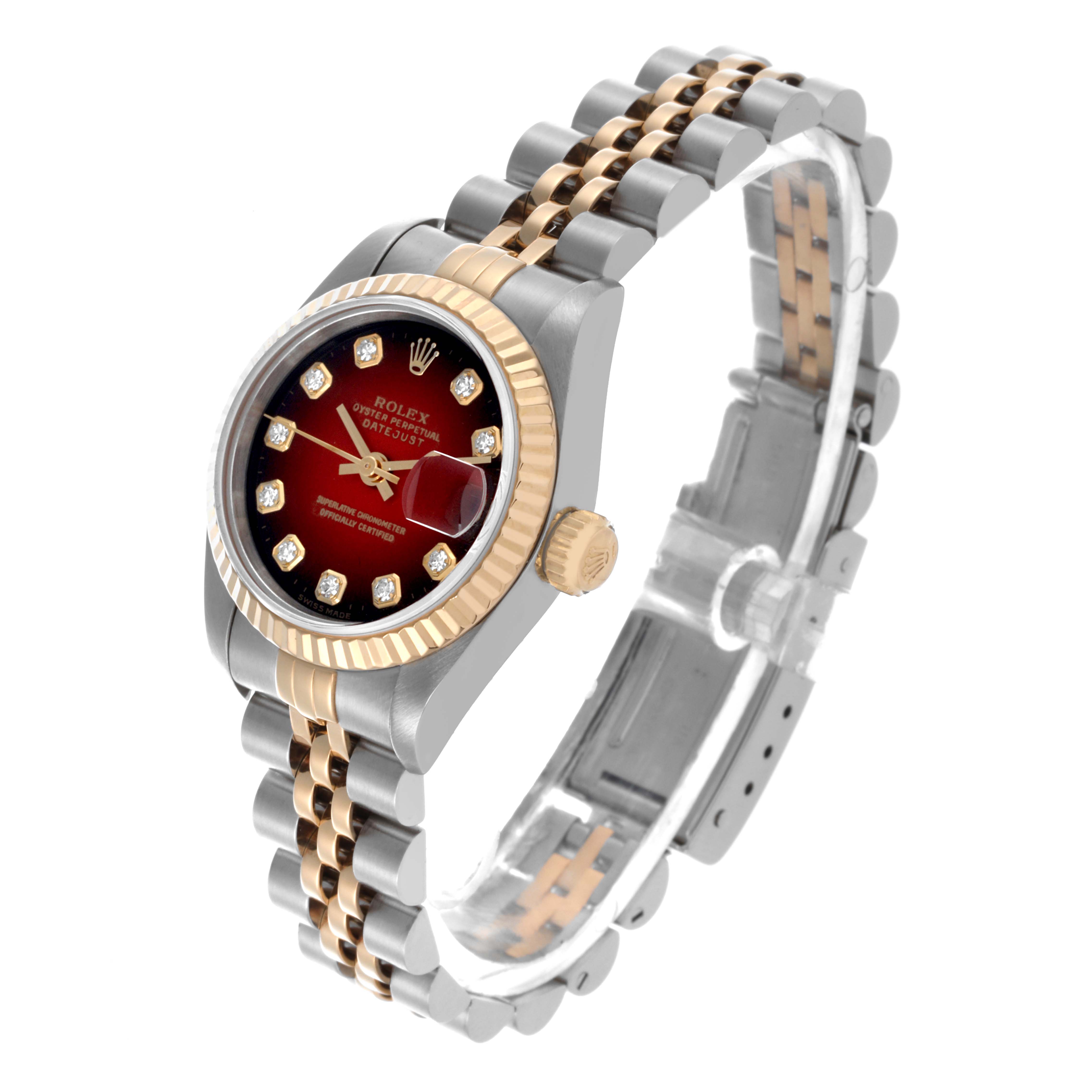 The Rolex Datejust 69173 Women's Steel and Gold (two tone) Red Dial 69173 Women's Steel and Gold (two tone) Red Dial is shown at a slight angle, highlighting the face, bezel, crown, and part of the metal bracelet.